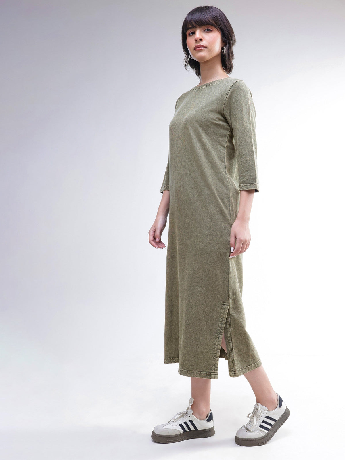 Green Overdyed Long Sleeves T-Shirt Maxi Dress-SASSAFRAS BASICS