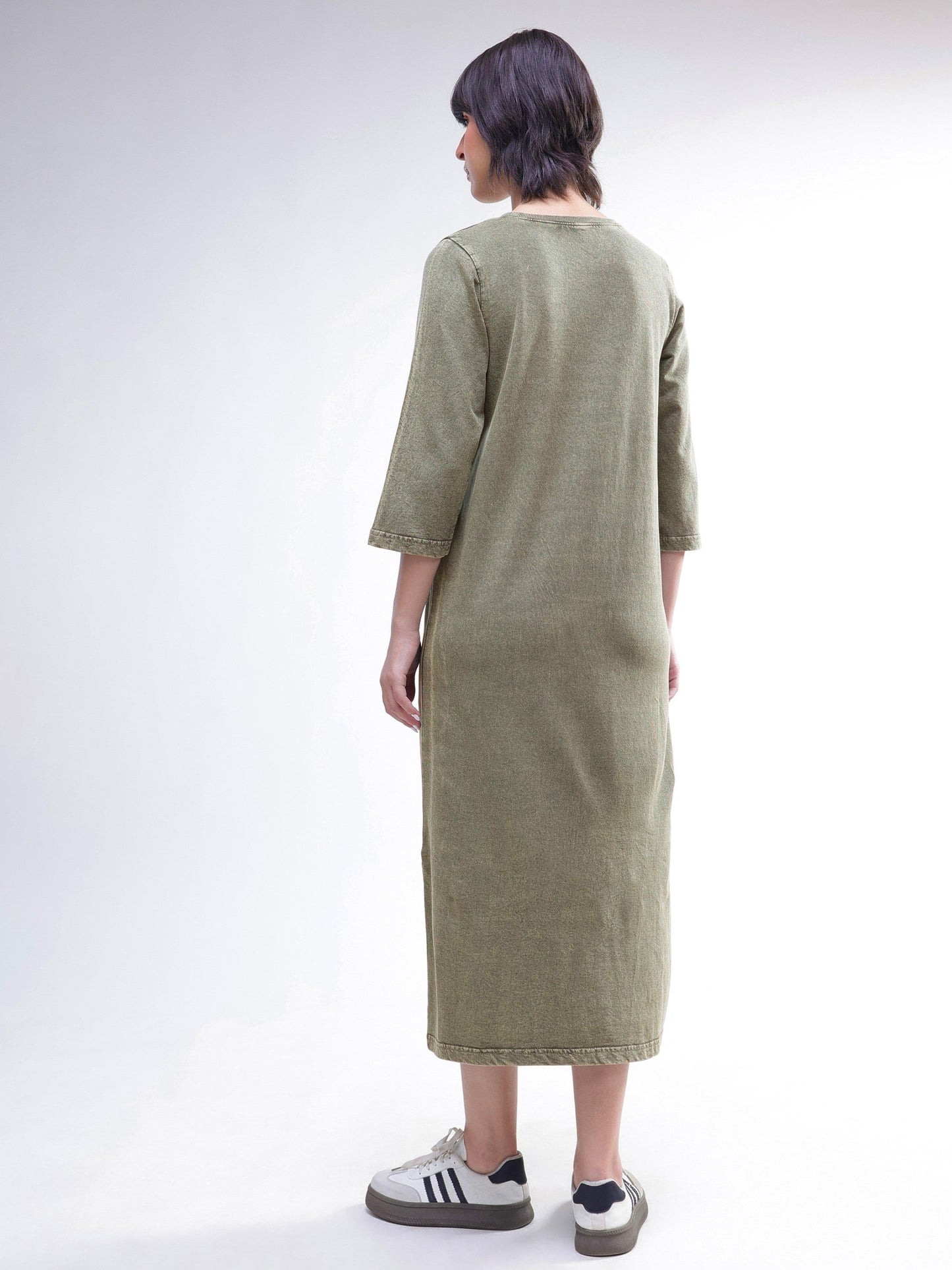 Green Overdyed Long Sleeves T-Shirt Maxi Dress-SASSAFRAS BASICS
