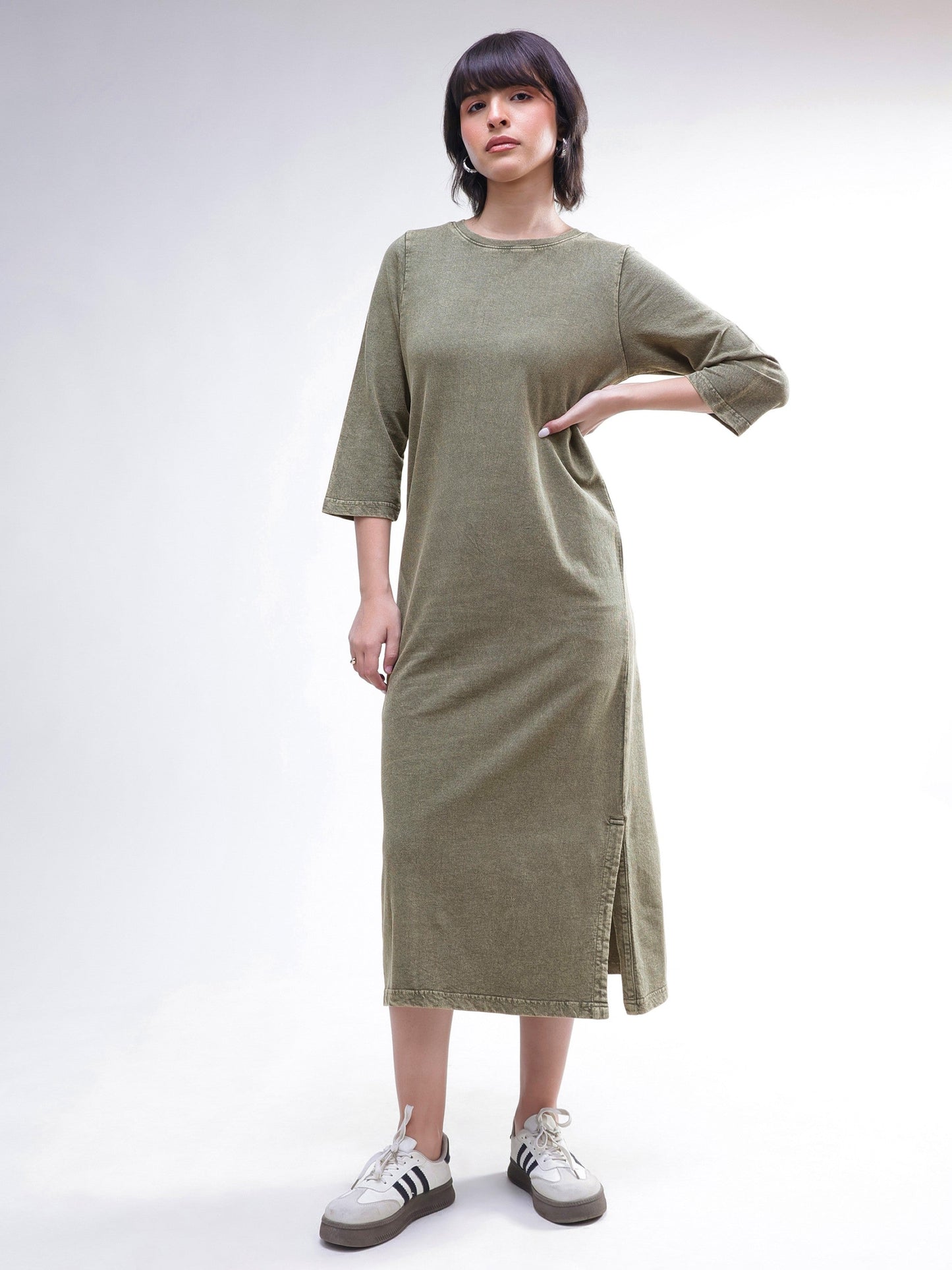 Green Overdyed Long Sleeves T-Shirt Maxi Dress-SASSAFRAS BASICS