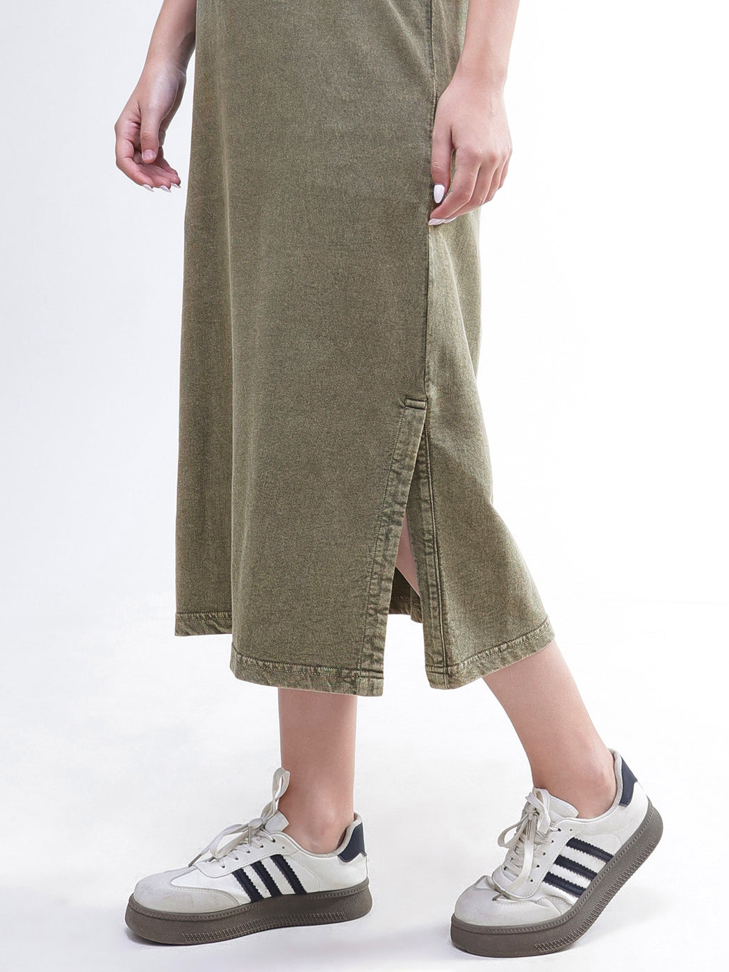 Green Overdyed Long Sleeves T-Shirt Maxi Dress-SASSAFRAS BASICS