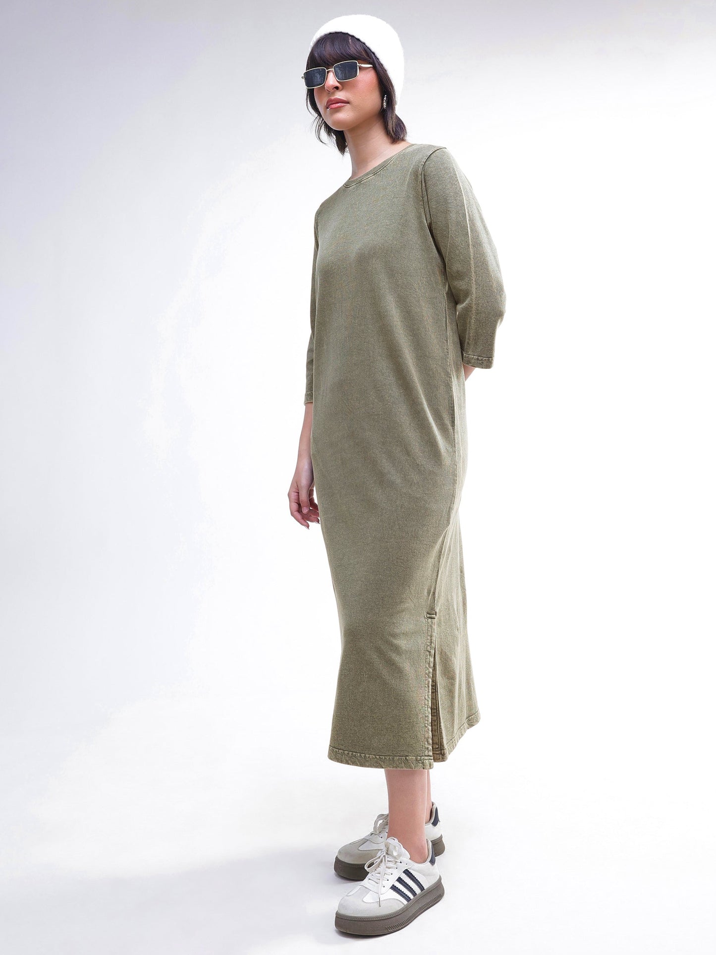 Green Overdyed Long Sleeves T-Shirt Maxi Dress-SASSAFRAS BASICS
