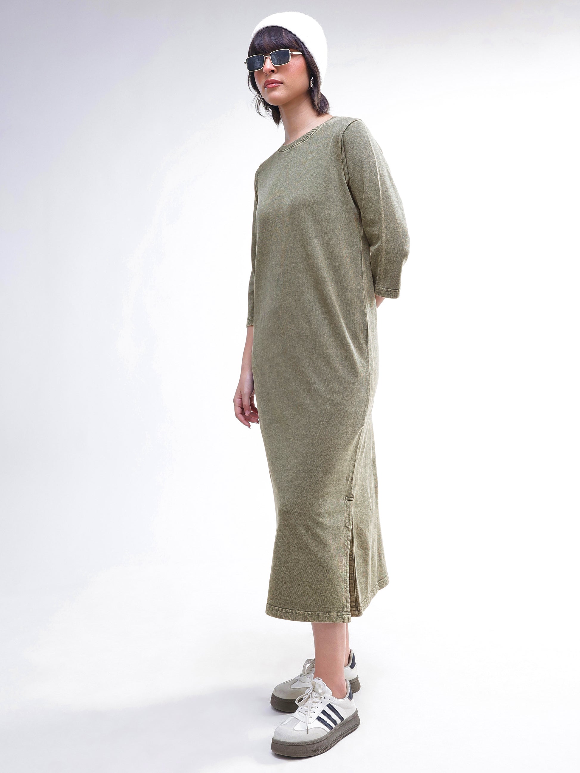 Green Overdyed Long Sleeves T-Shirt Maxi Dress-SASSAFRAS BASICS