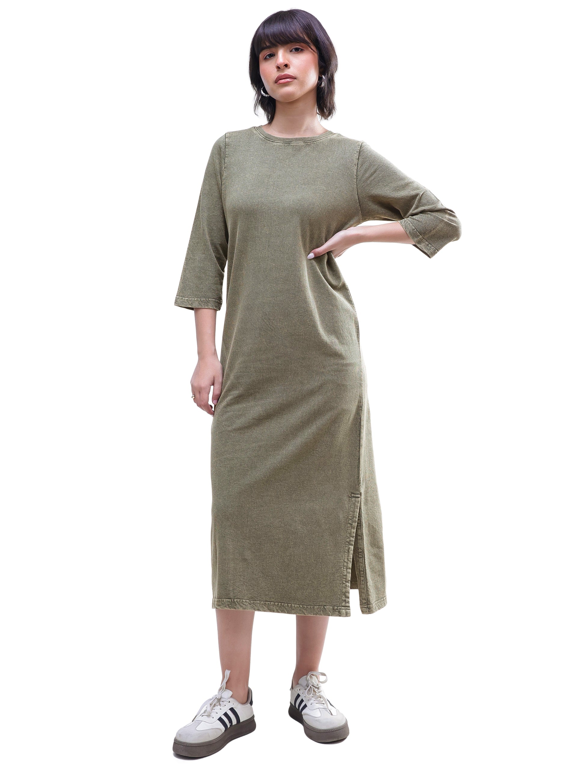 Green Overdyed Long Sleeves T-Shirt Maxi Dress-SASSAFRAS BASICS