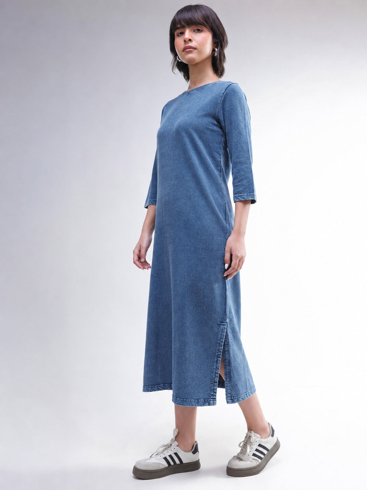 Blue Overdyed Long Sleeves T-Shirt Midi Dress-SASSAFRAS BASICS