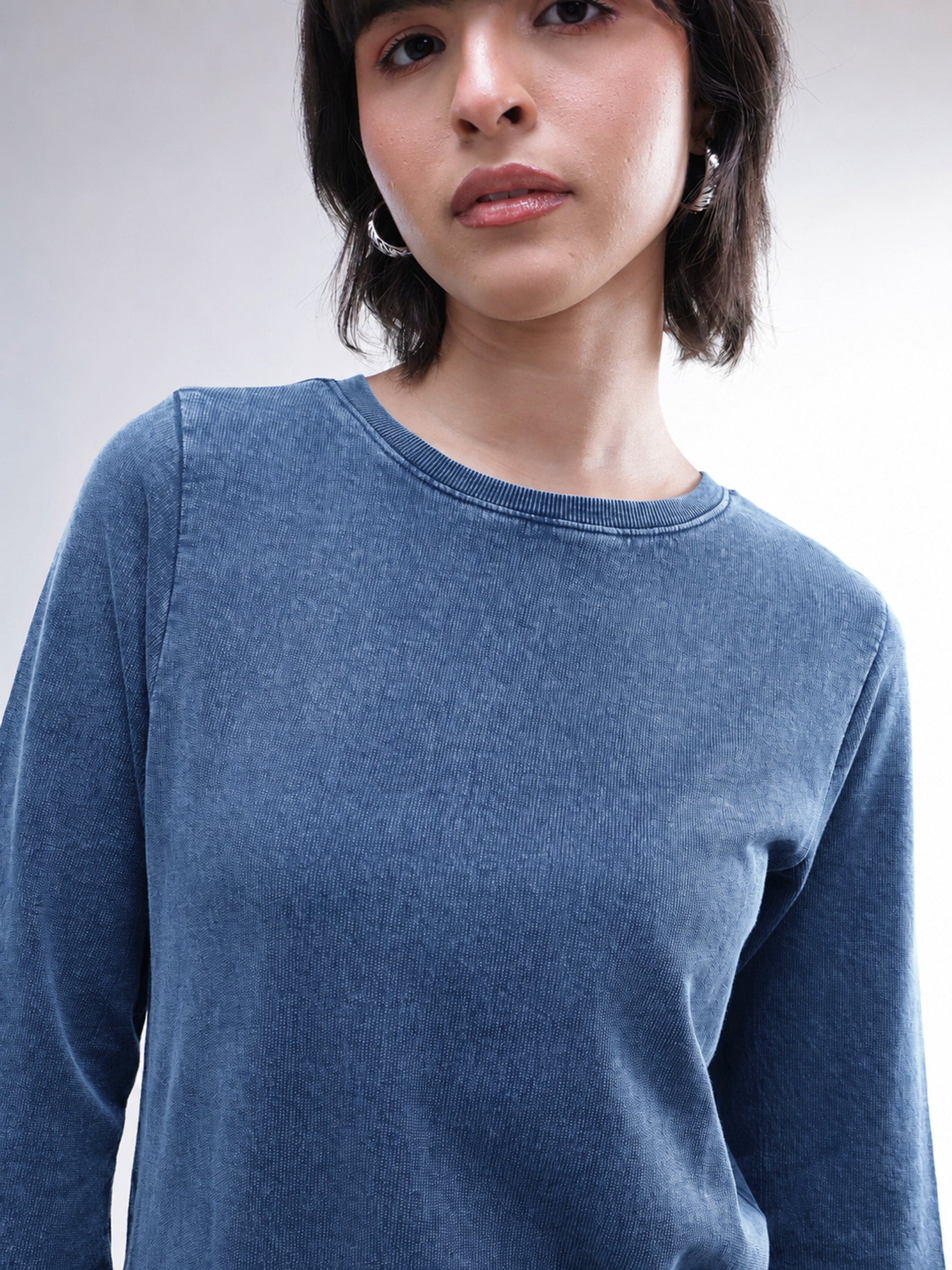 Blue Overdyed Long Sleeves T-Shirt Midi Dress-SASSAFRAS BASICS