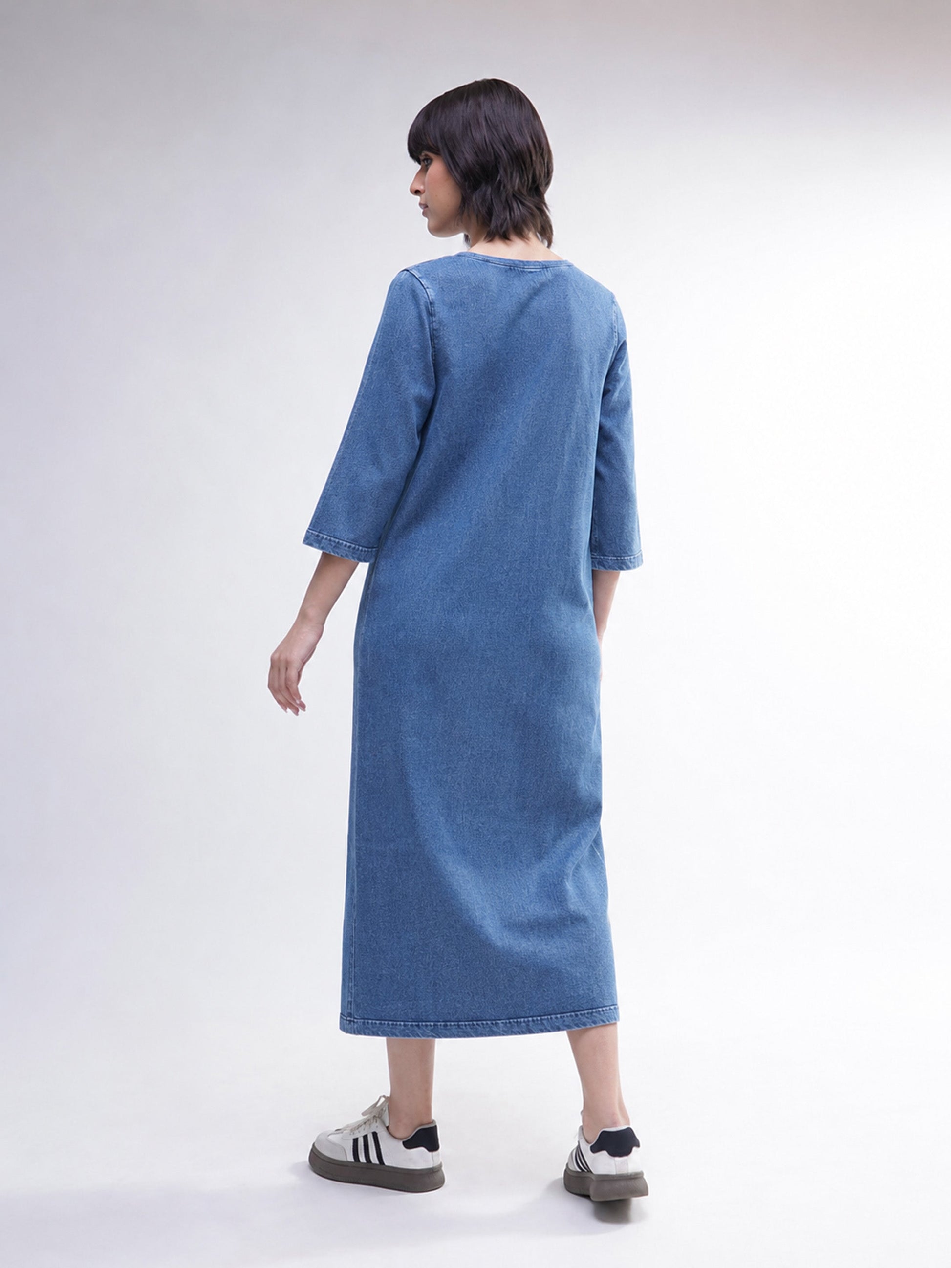 Blue Overdyed Long Sleeves T-Shirt Midi Dress-SASSAFRAS BASICS