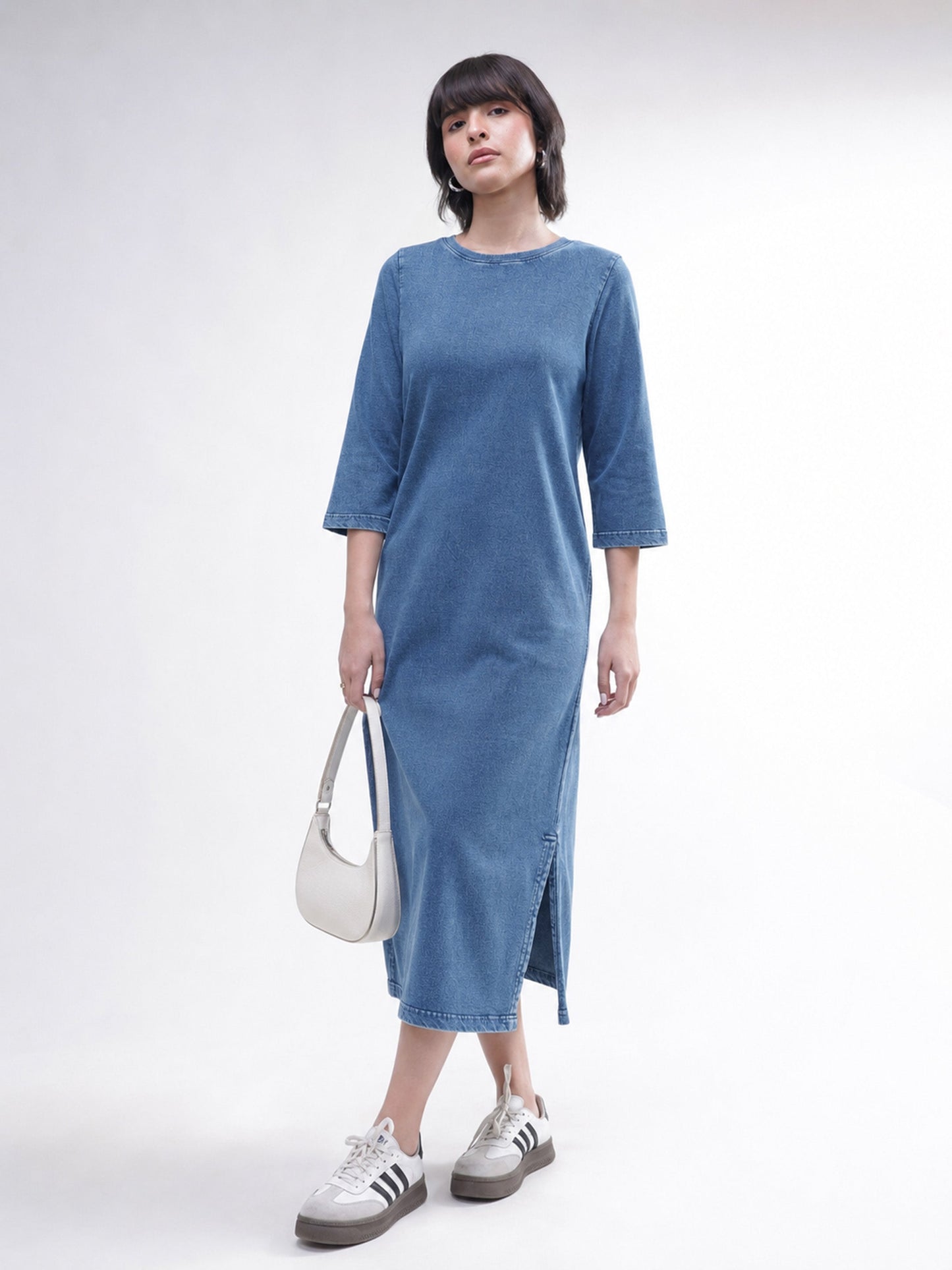 Blue Overdyed Long Sleeves T-Shirt Midi Dress-SASSAFRAS BASICS