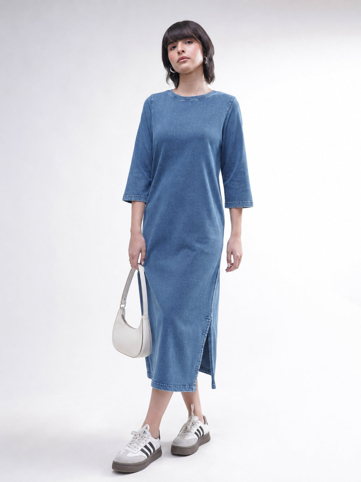 Blue Overdyed Long Sleeves T-Shirt Midi Dress-SASSAFRAS BASICS