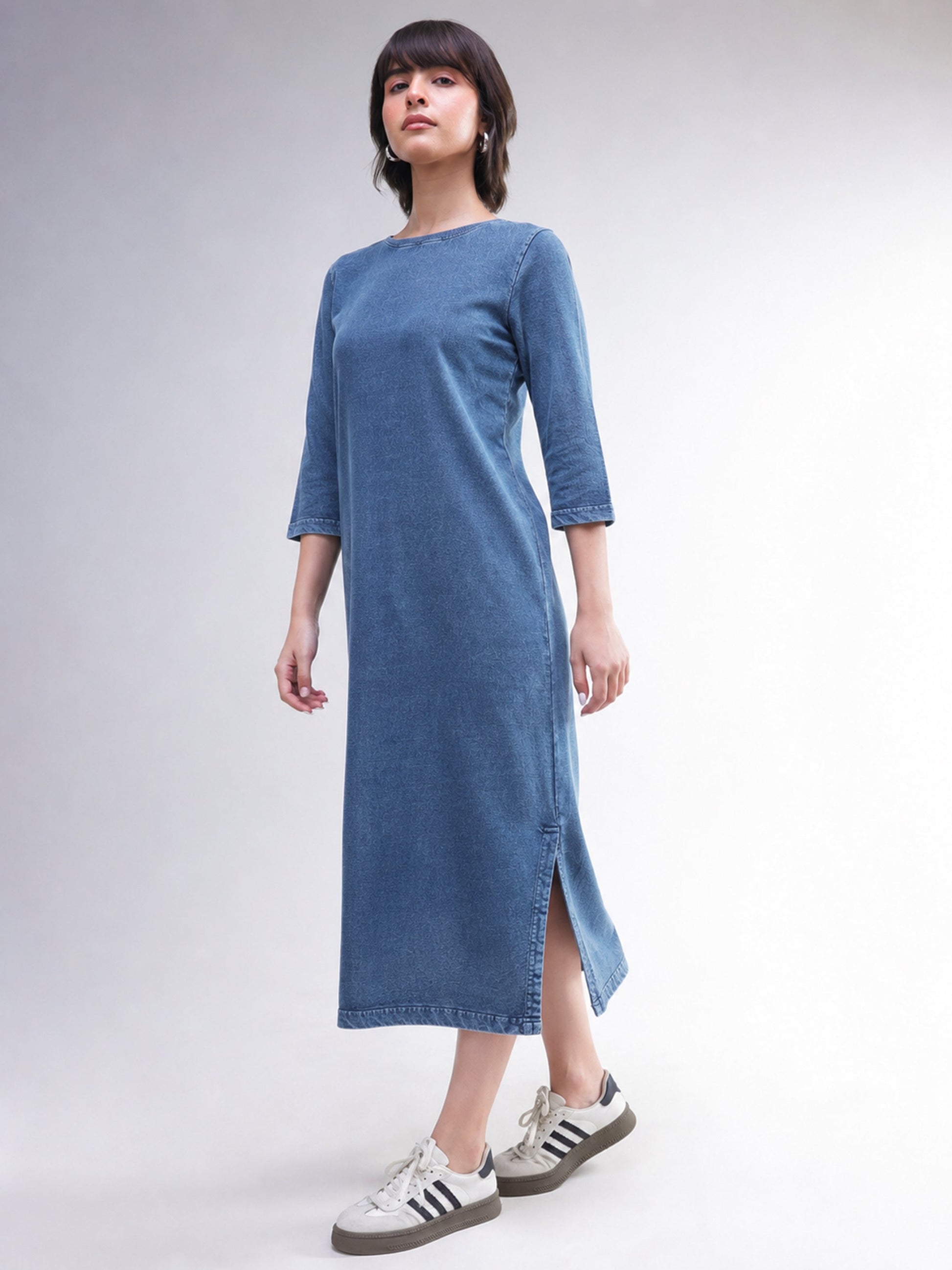 Blue Overdyed Long Sleeves T-Shirt Midi Dress-SASSAFRAS BASICS
