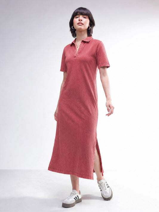 Women Red Overdyed Polo Neck T-Shirt Midi Dress