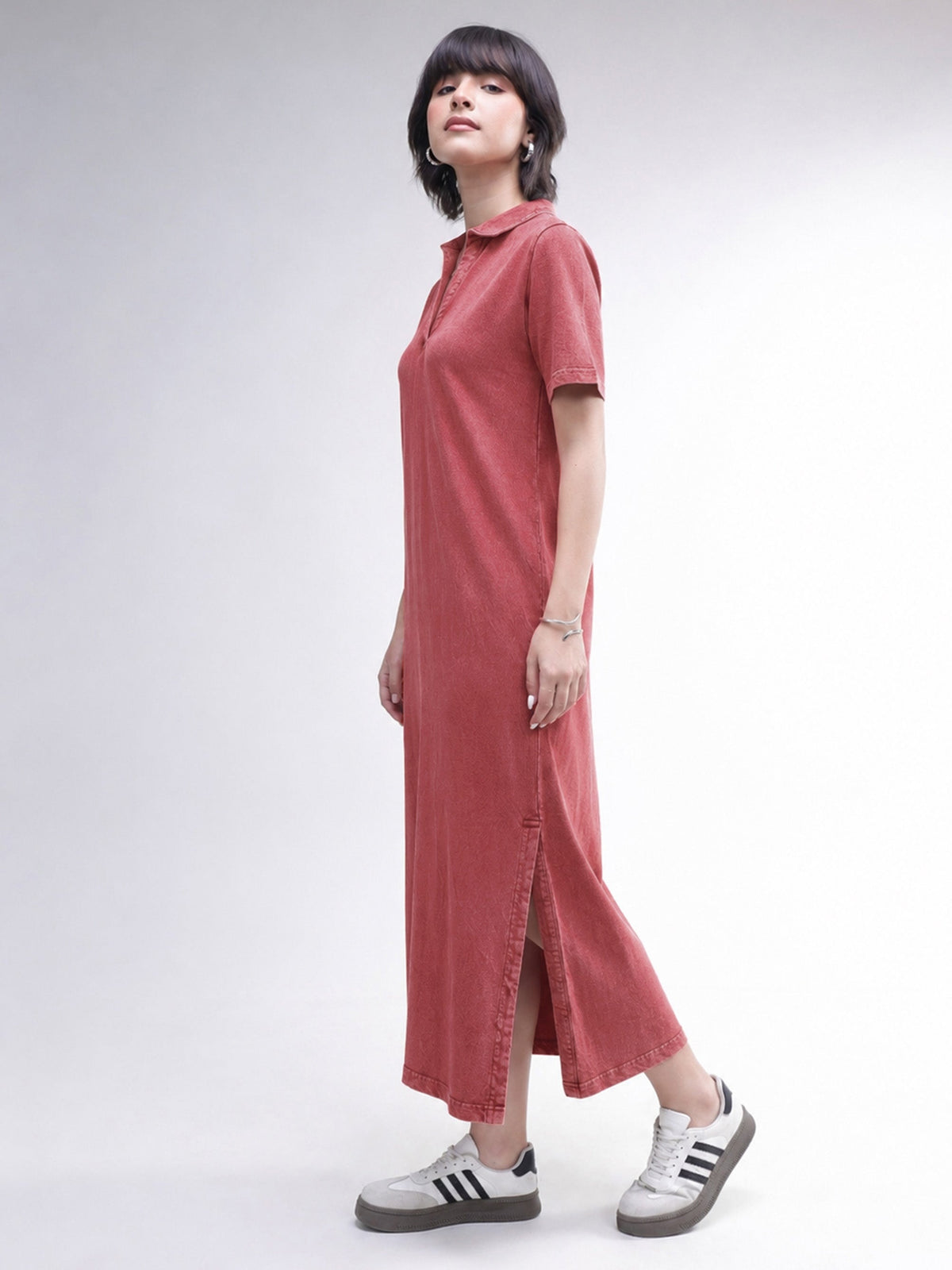 Women Red Overdyed Polo Neck T-Shirt Midi Dress