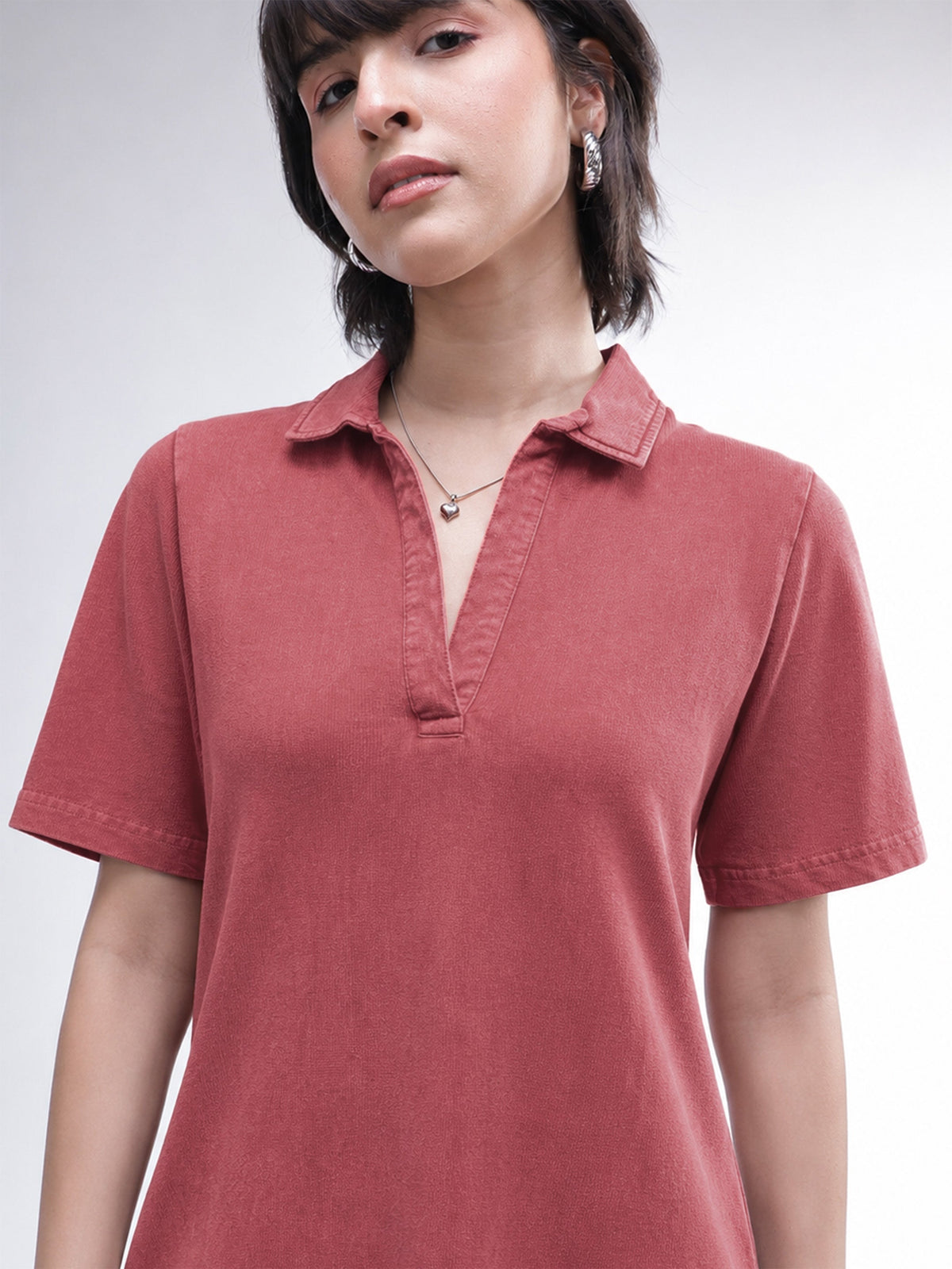 Women Red Overdyed Polo Neck T-Shirt Midi Dress