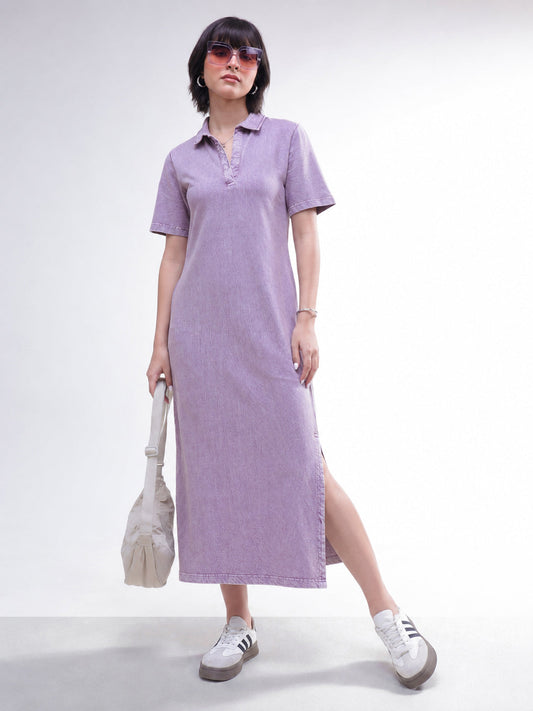 Lavender Overdyed Polo Neck T-Shirt Maxi Dress-SASSAFRAS BASICS