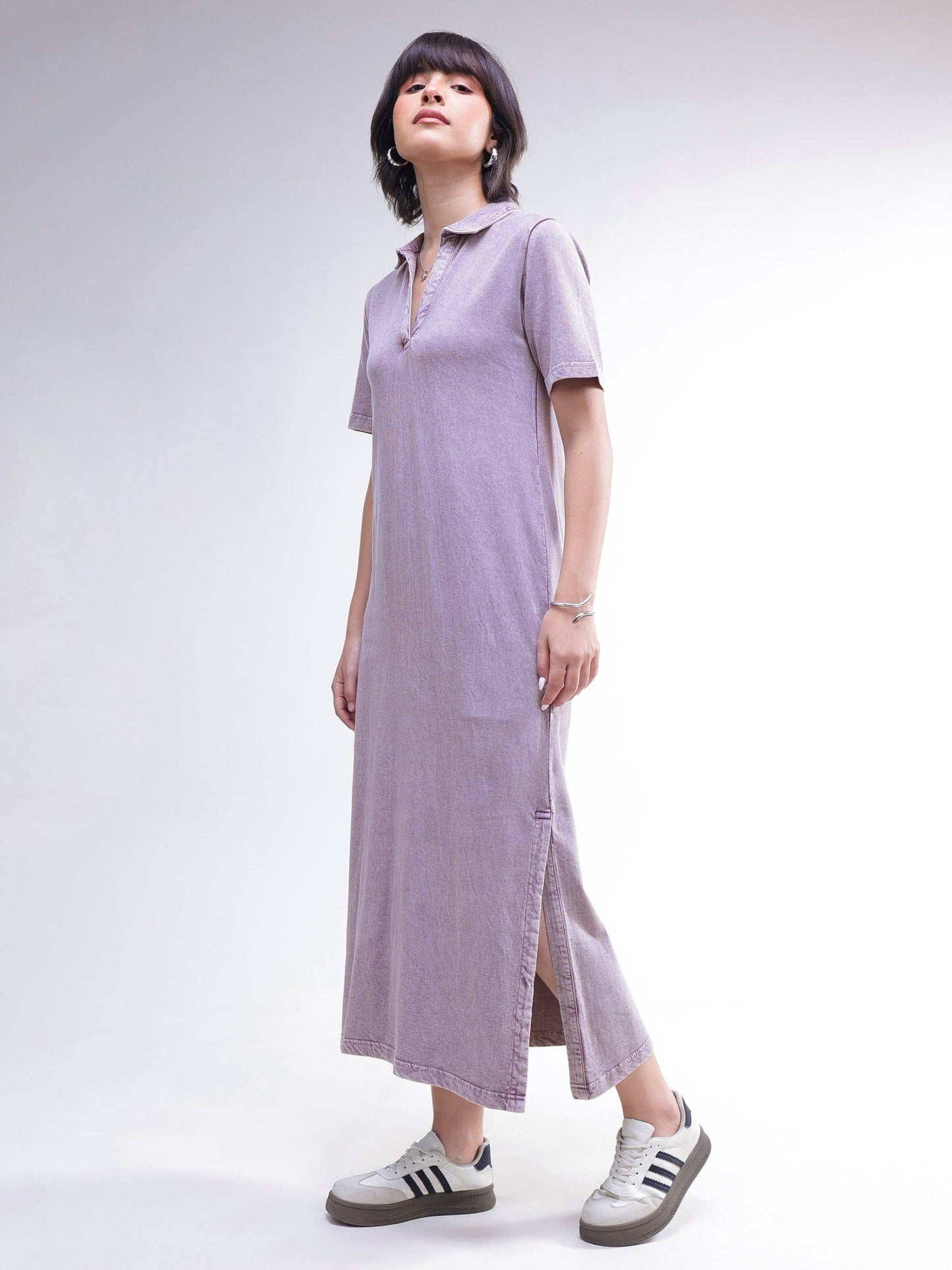 Lavender Overdyed Polo Neck T-Shirt Maxi Dress-SASSAFRAS BASICS