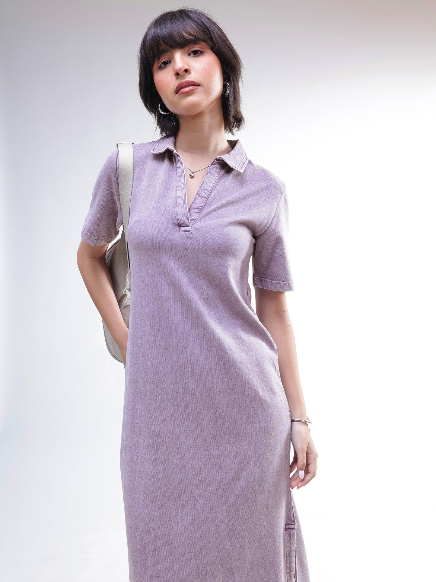 Lavender Overdyed Polo Neck T-Shirt Maxi Dress-SASSAFRAS BASICS