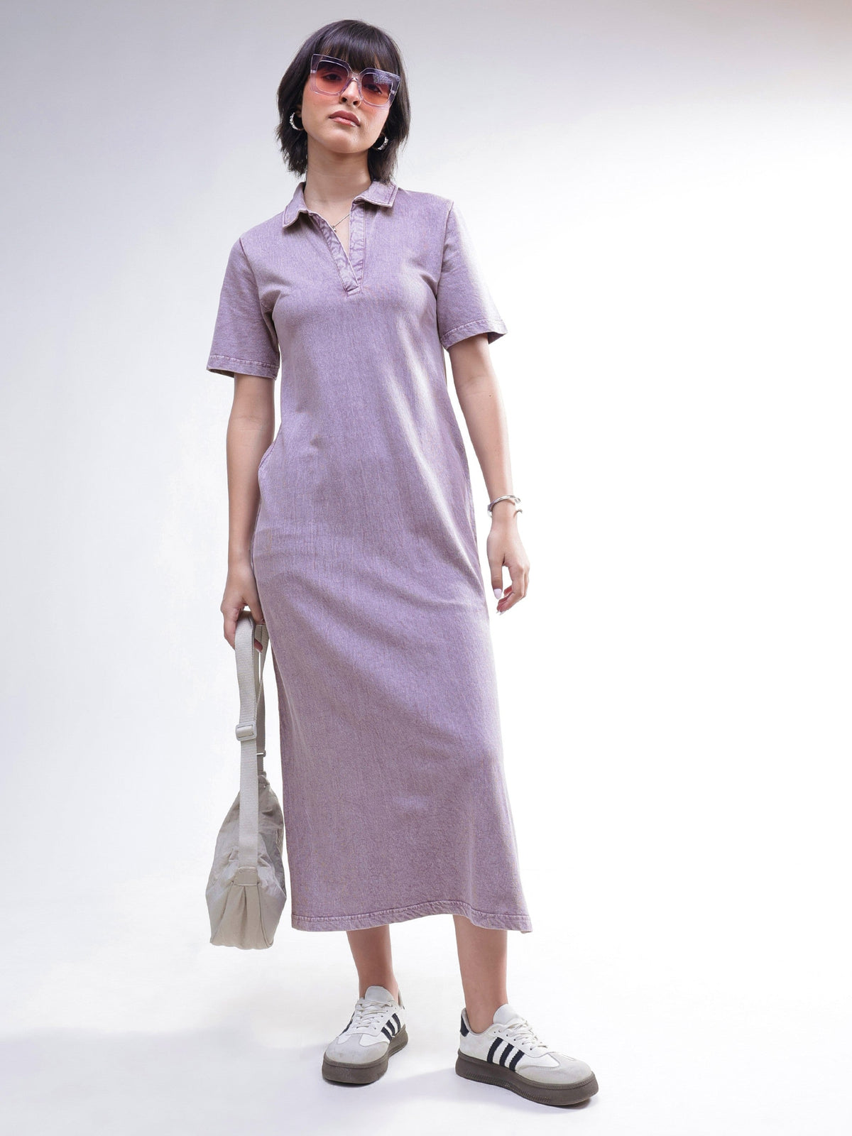Lavender Overdyed Polo Neck T-Shirt Maxi Dress-SASSAFRAS BASICS