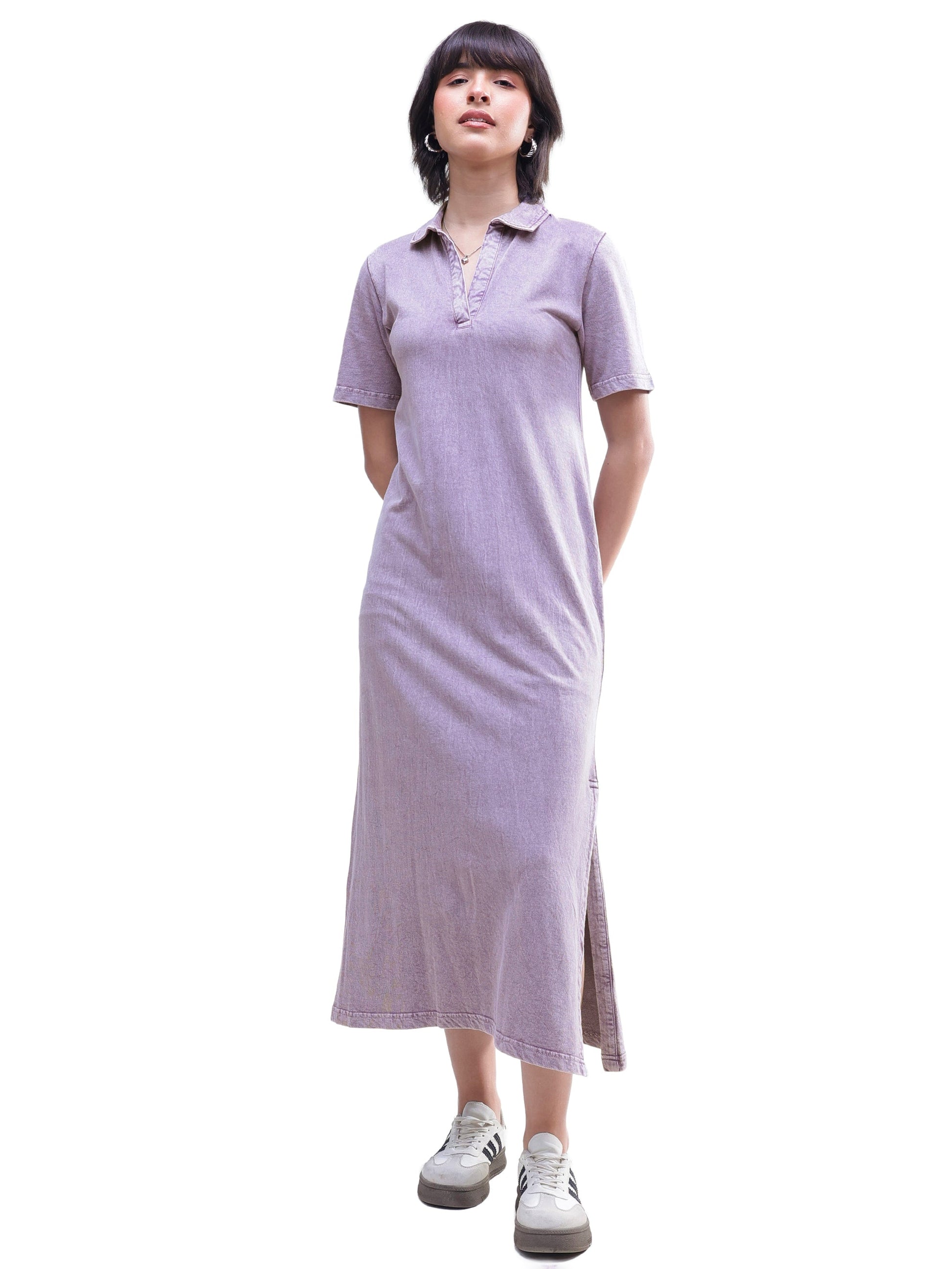 Lavender Overdyed Polo Neck T-Shirt Maxi Dress-SASSAFRAS BASICS