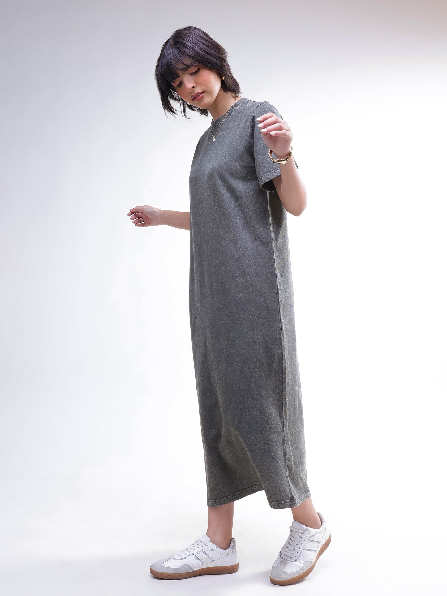 Grey Overdyed Short Sleeves T-Shirt Midi Dress-SASSAFRAS BASICS
