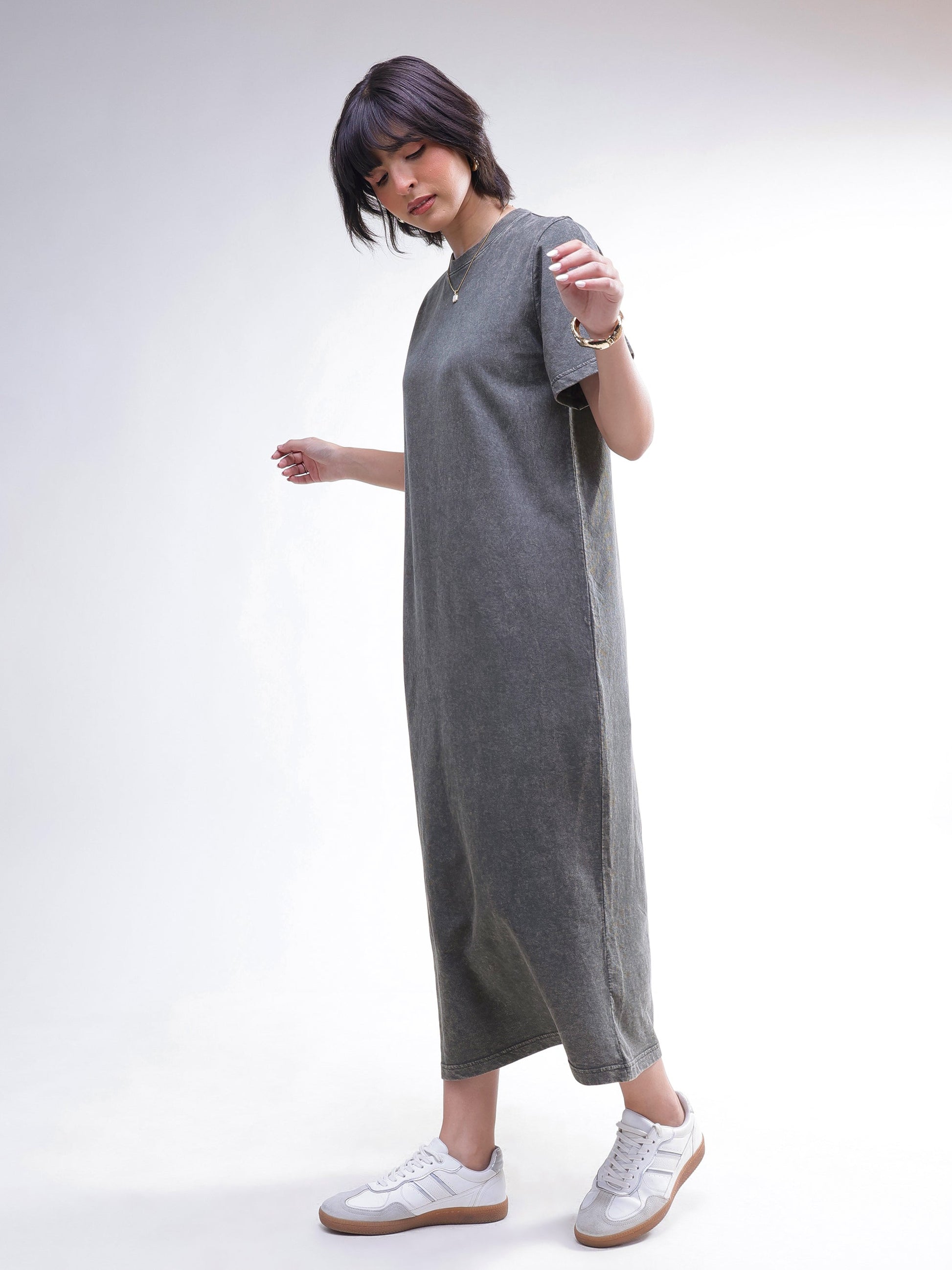 Grey Overdyed Short Sleeves T-Shirt Midi Dress-SASSAFRAS BASICS