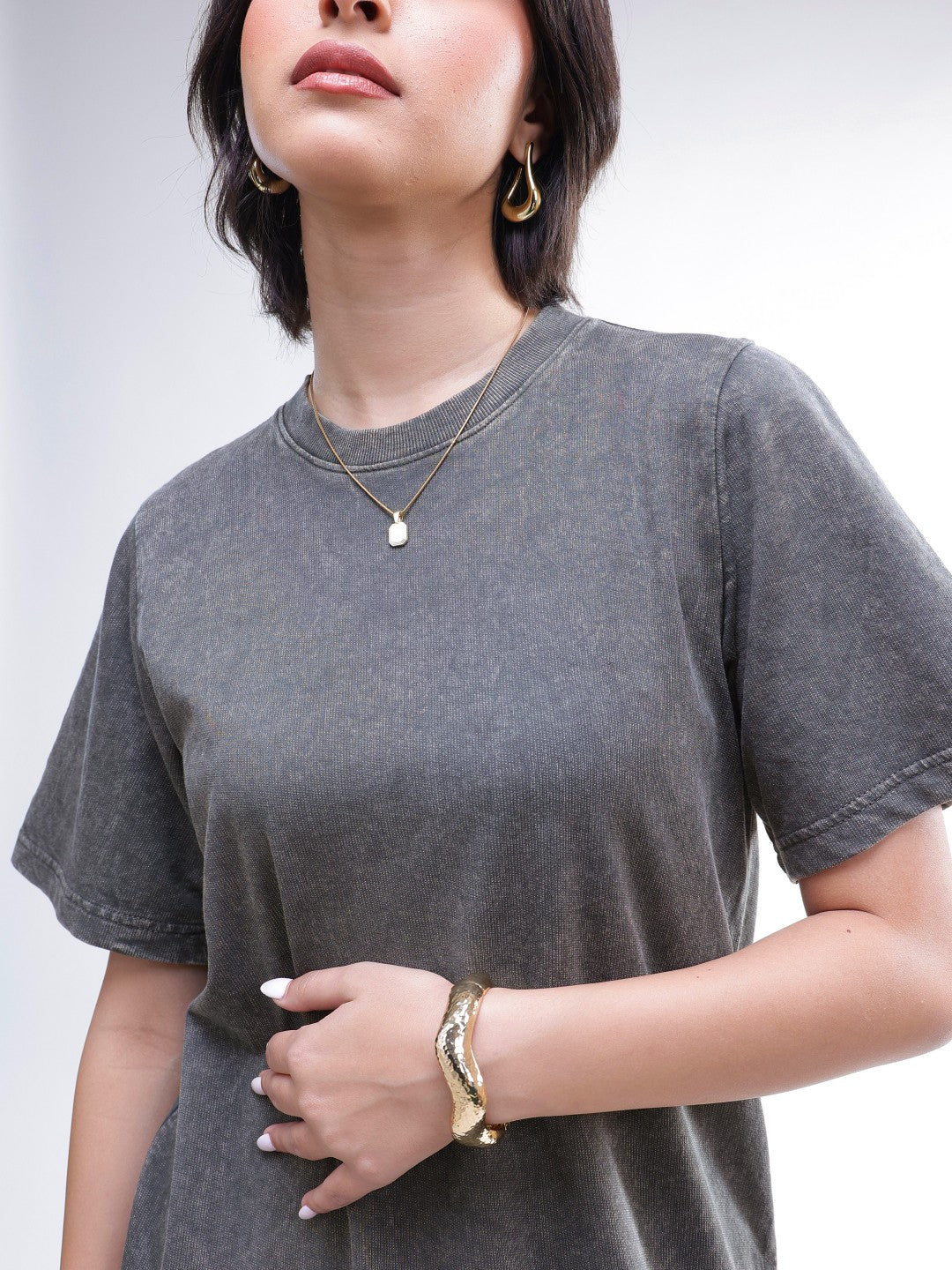 Grey Overdyed Short Sleeves T-Shirt Midi Dress-SASSAFRAS BASICS