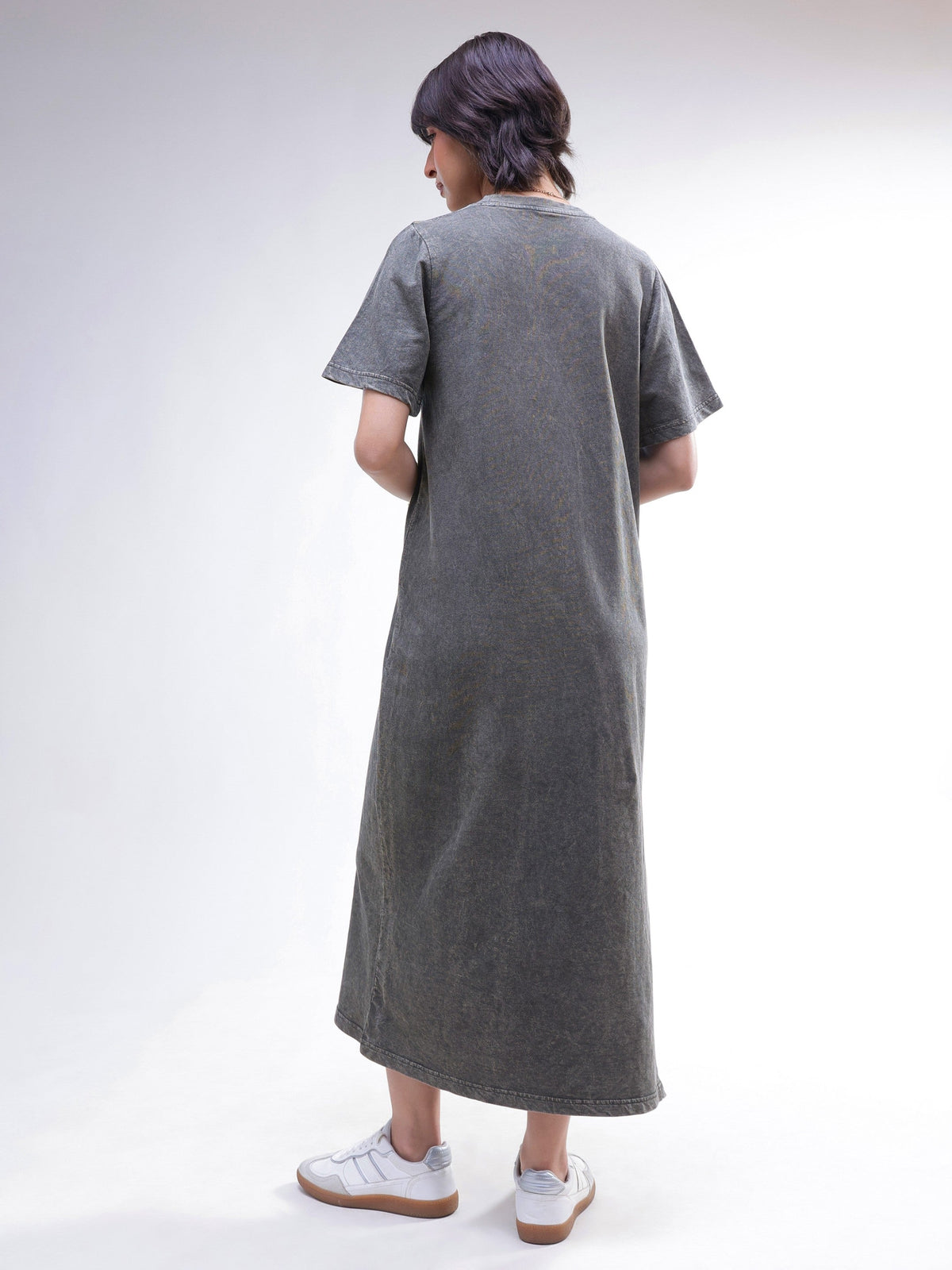 Grey Overdyed Short Sleeves T-Shirt Midi Dress-SASSAFRAS BASICS