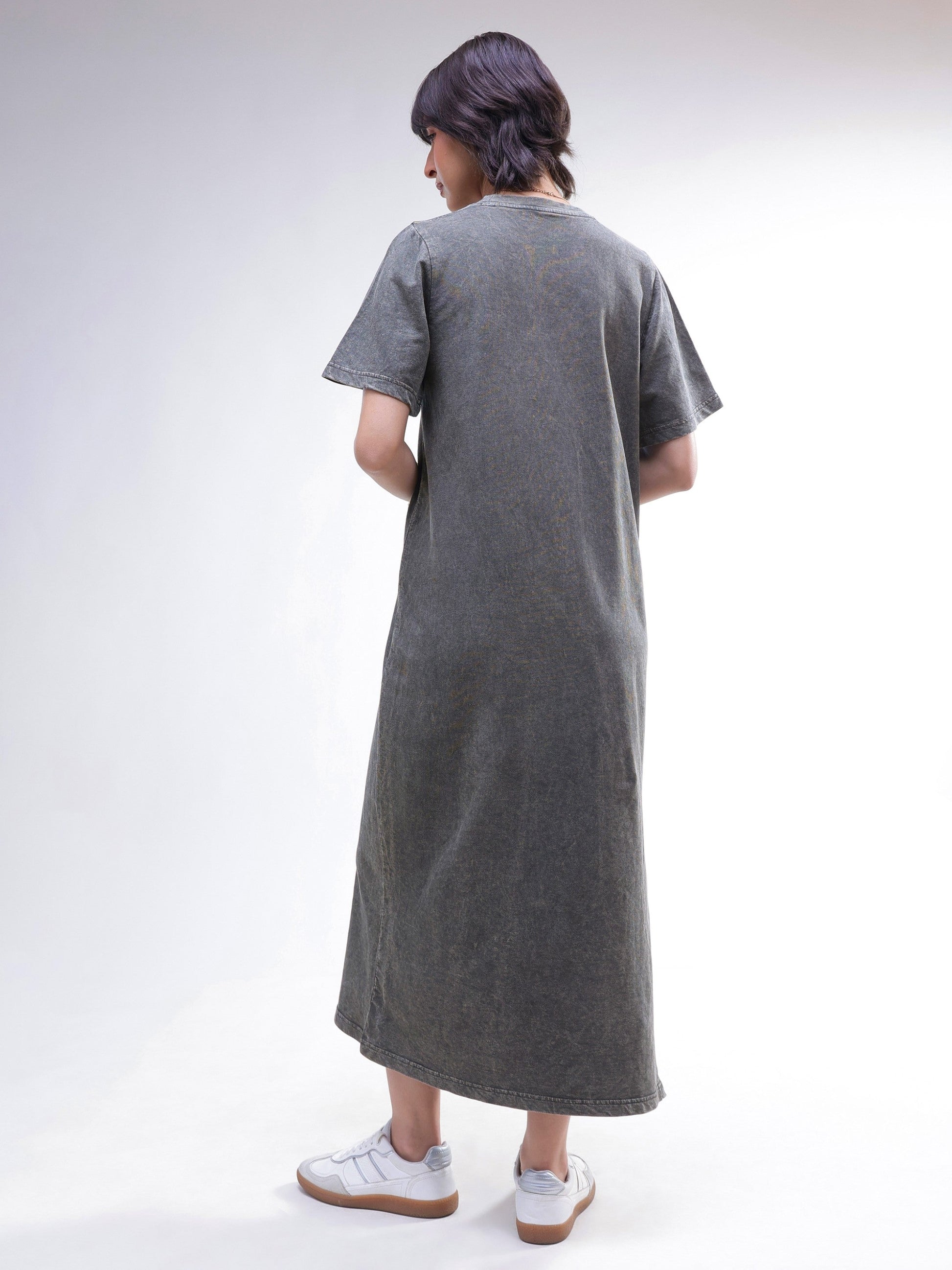 Grey Overdyed Short Sleeves T-Shirt Midi Dress-SASSAFRAS BASICS