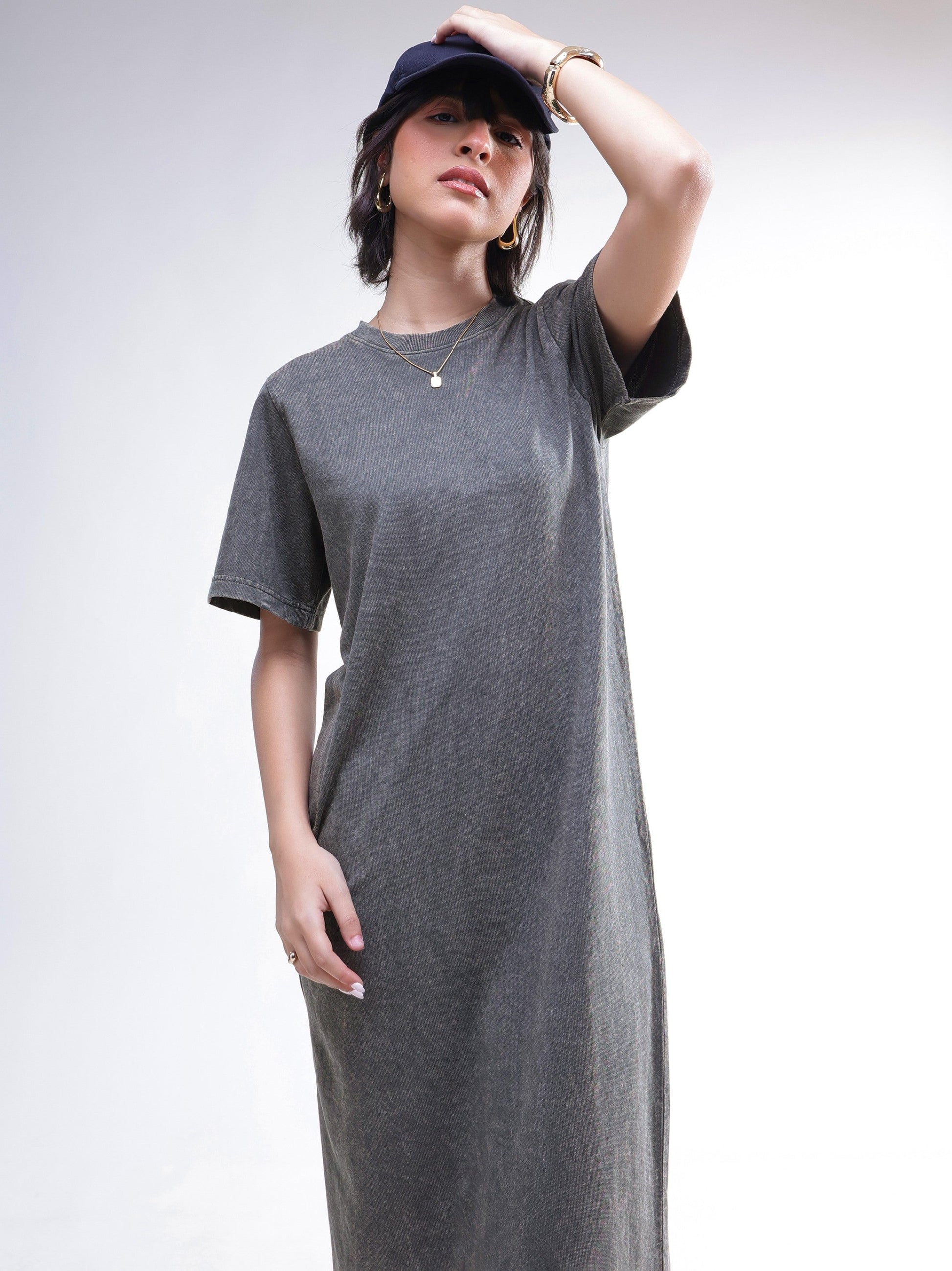 Grey Overdyed Short Sleeves T-Shirt Midi Dress-SASSAFRAS BASICS