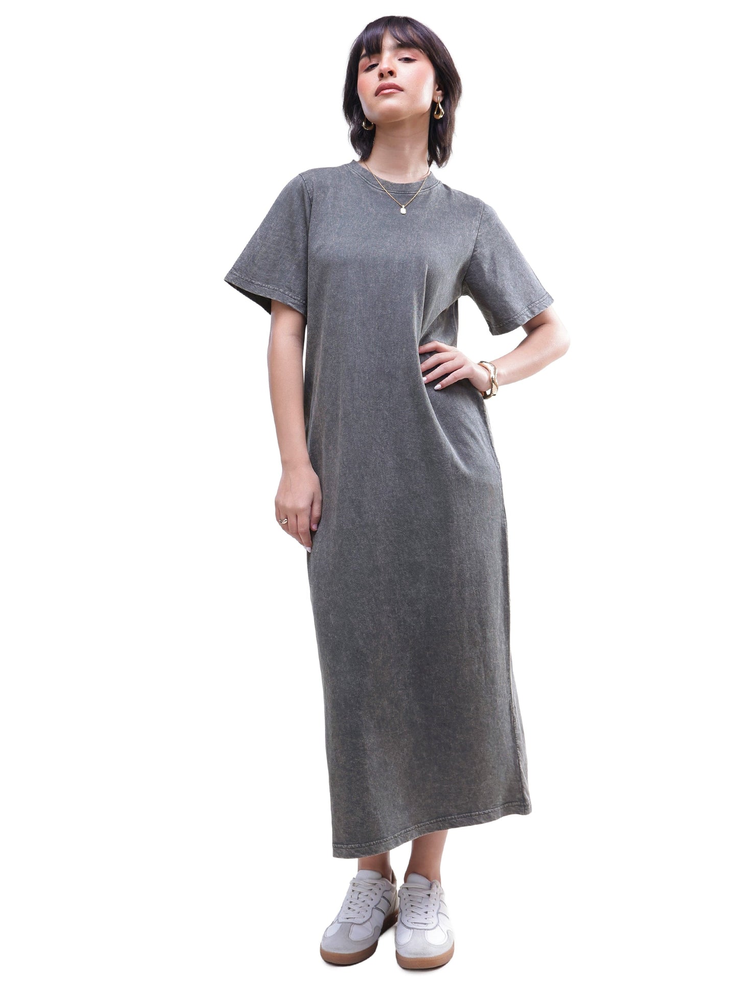 Grey Overdyed Short Sleeves T-Shirt Midi Dress-SASSAFRAS BASICS