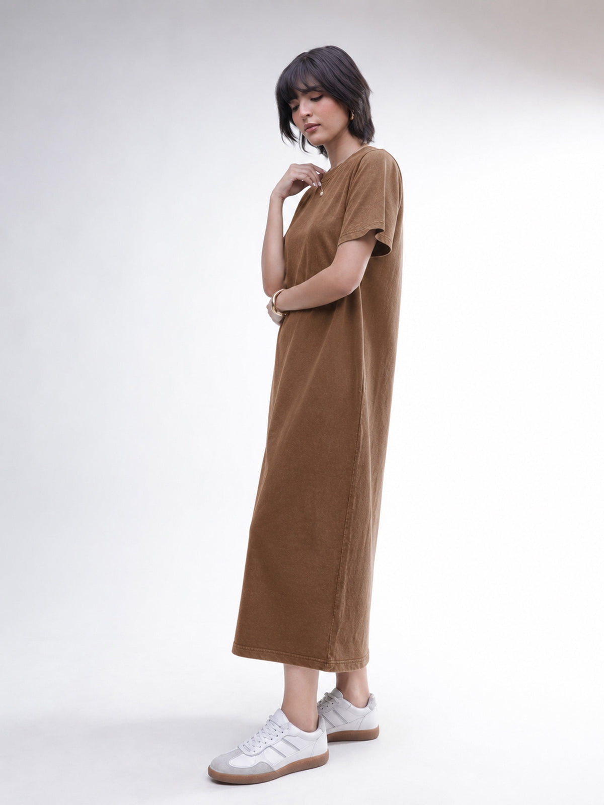 Brown Overdyed Short Sleeves T-Shirt Midi Dress-SASSAFRAS BASICS