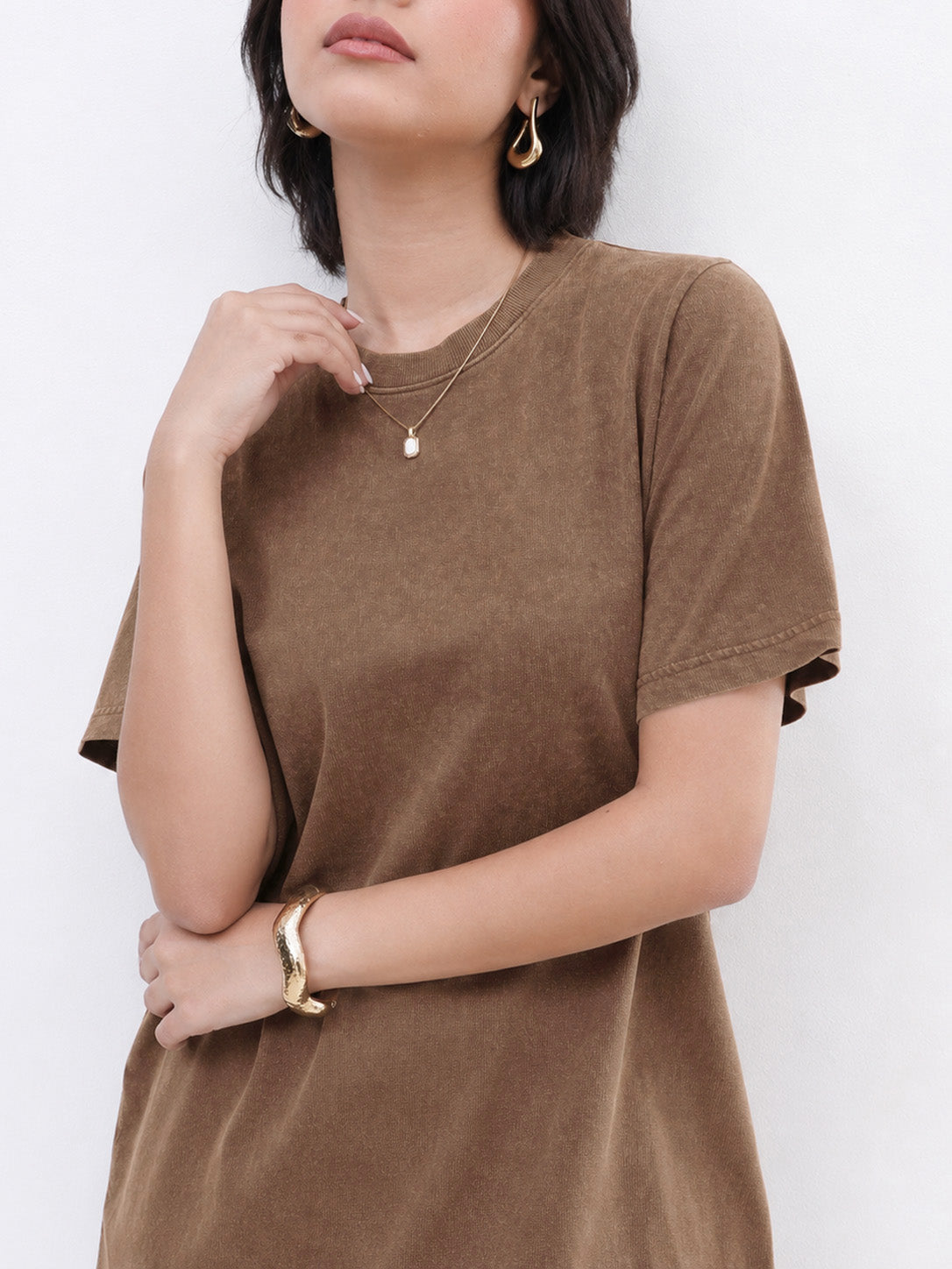 Brown Overdyed Short Sleeves T-Shirt Midi Dress-SASSAFRAS BASICS