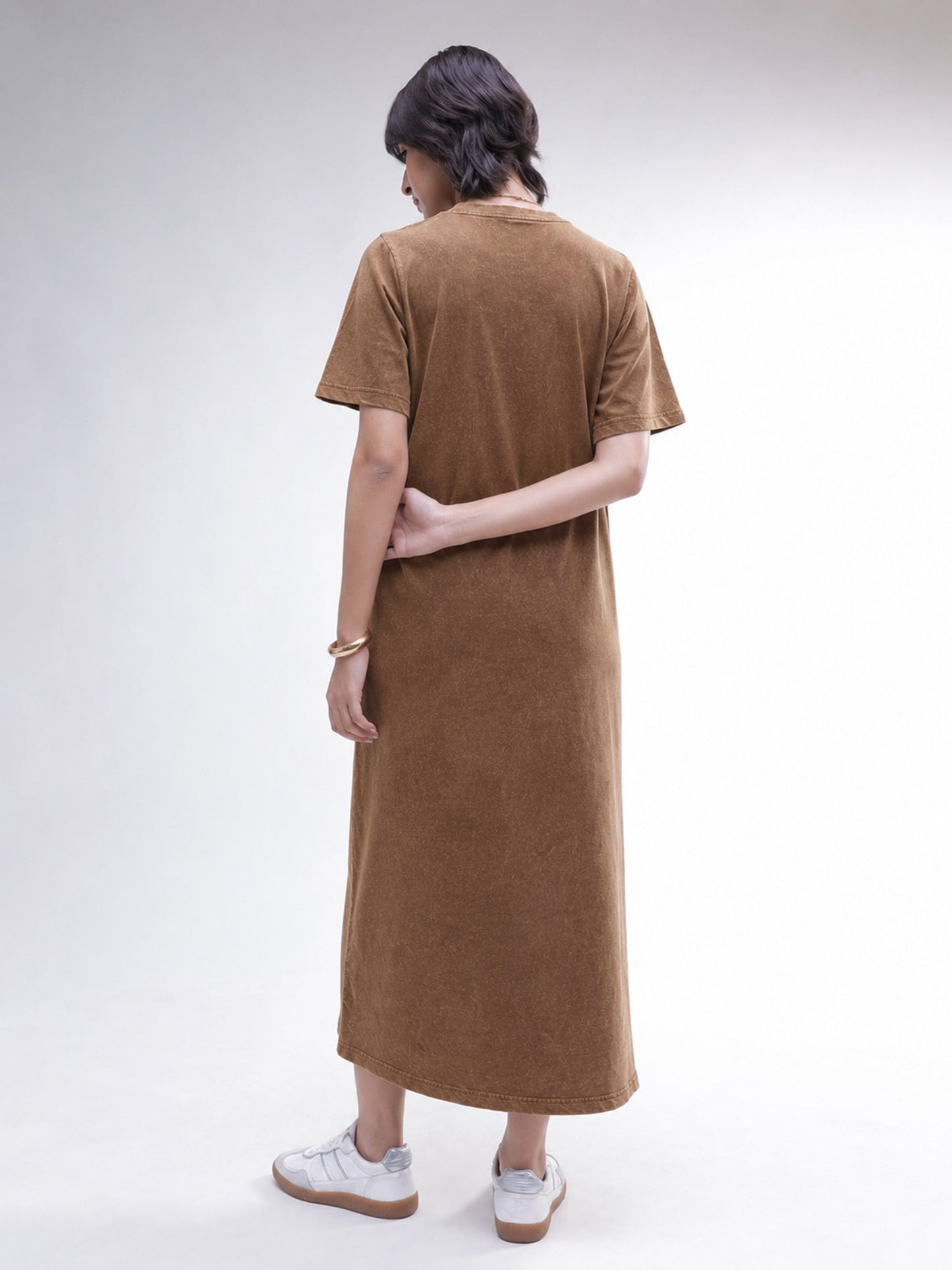 Brown Overdyed Short Sleeves T-Shirt Midi Dress-SASSAFRAS BASICS