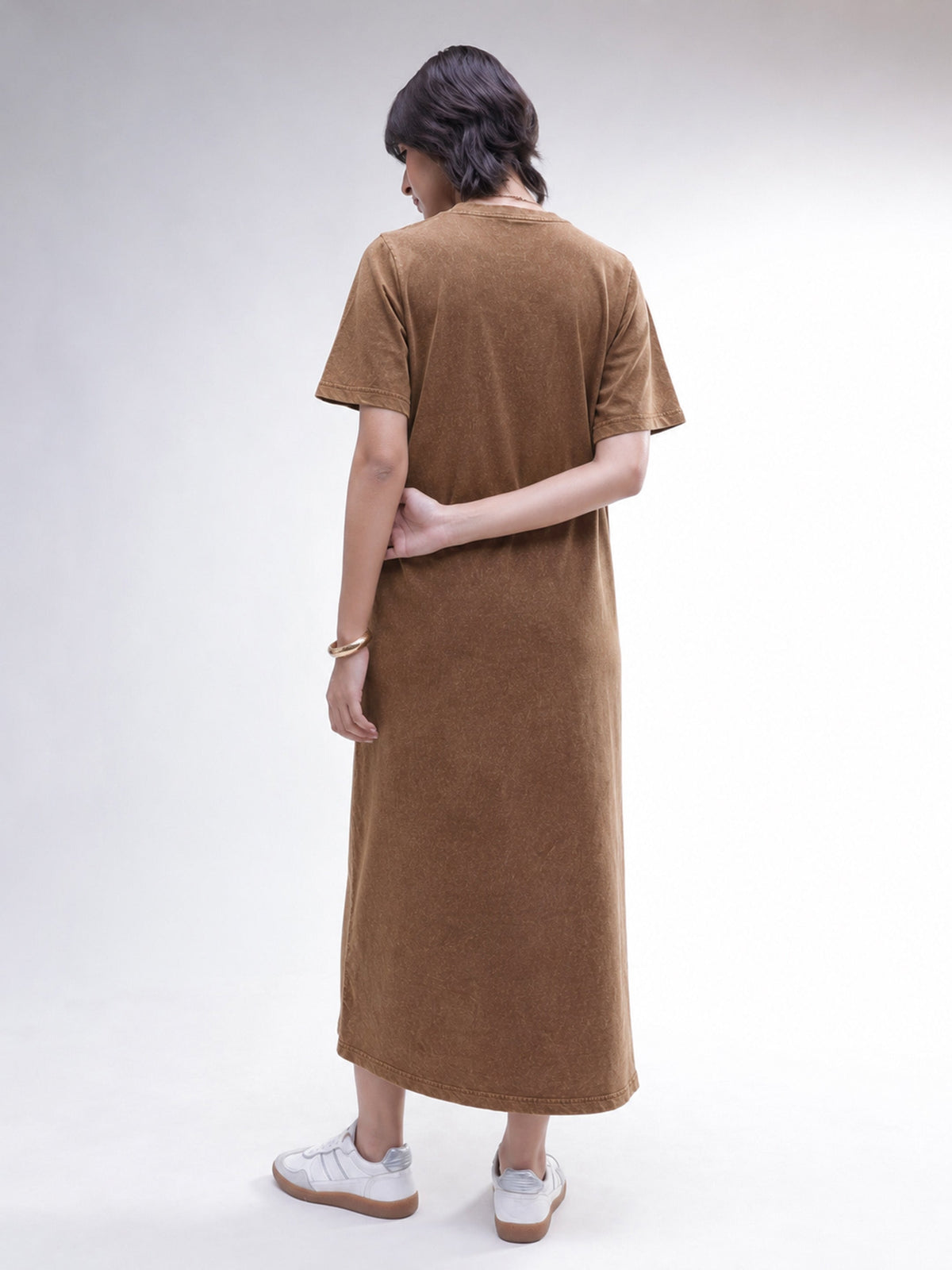 Brown Overdyed Short Sleeves T-Shirt Midi Dress-SASSAFRAS BASICS