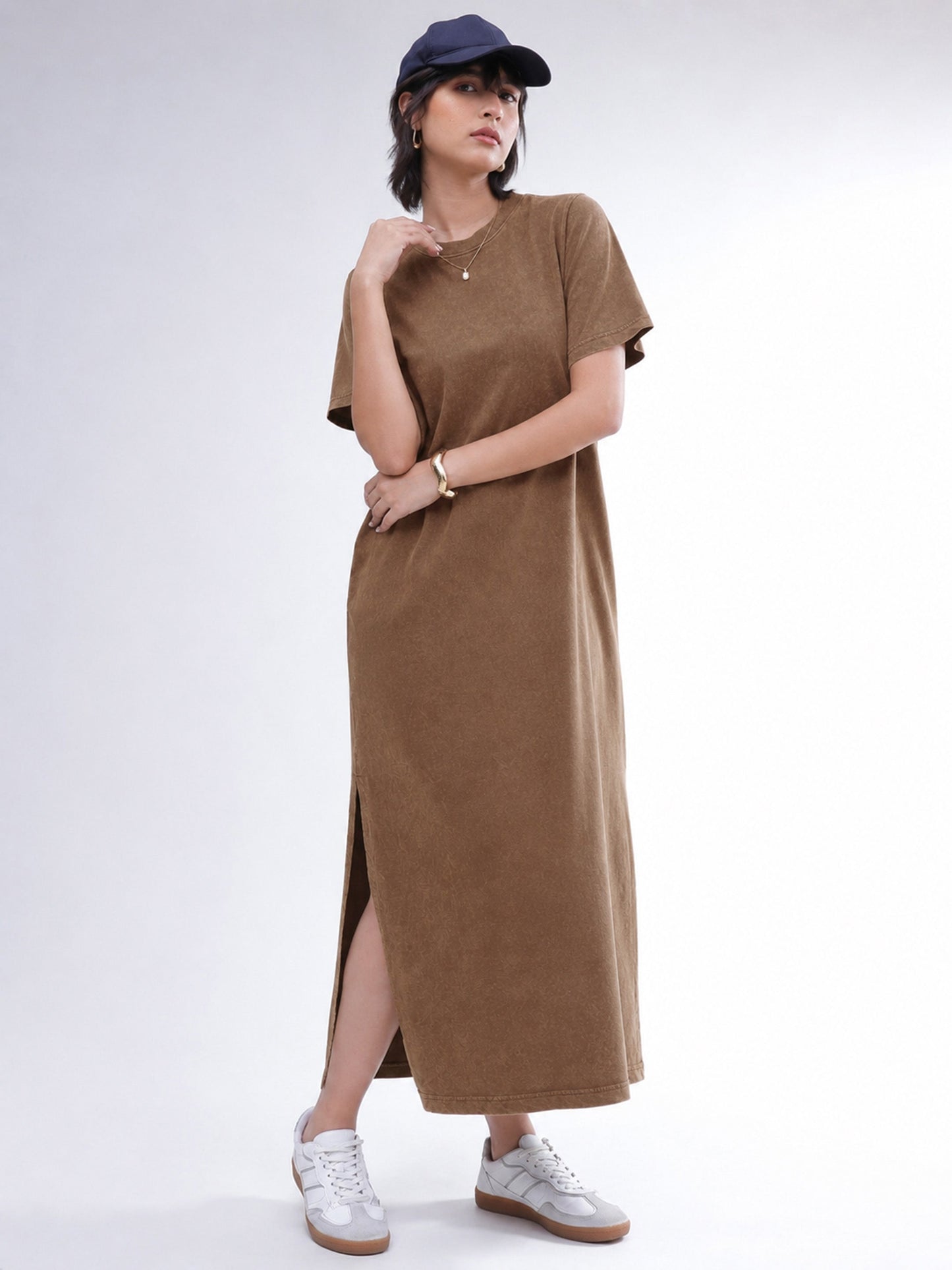 Brown Overdyed Short Sleeves T-Shirt Midi Dress-SASSAFRAS BASICS
