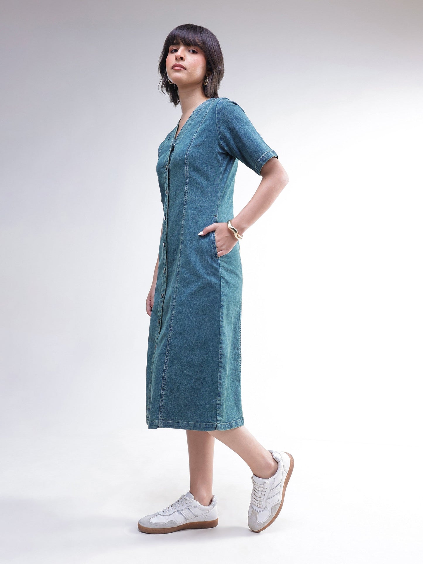 Blue Washed Denim Button Down Midi Dress-SASSAFRAS