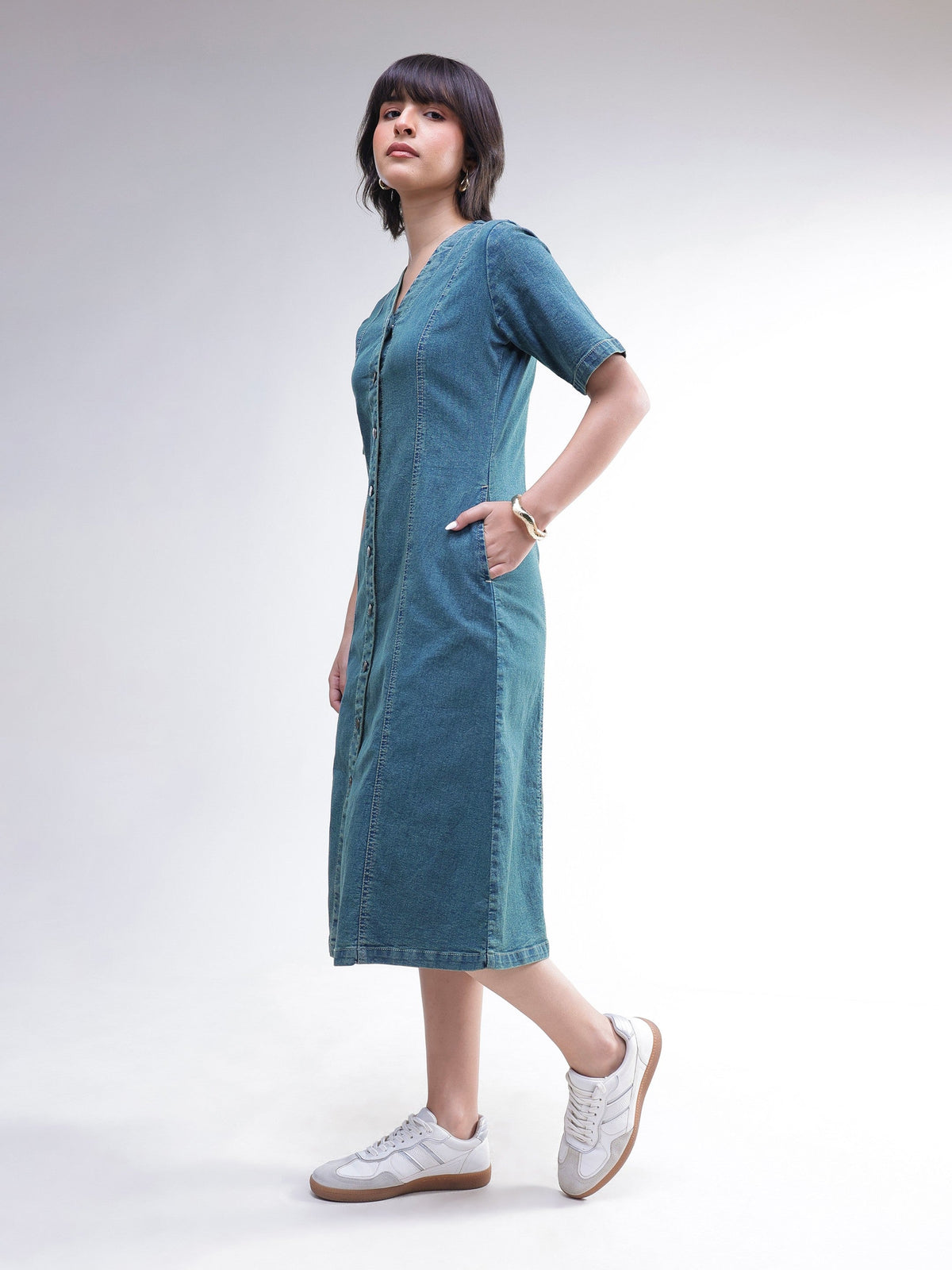 Blue Washed Denim Button Down Midi Dress-SASSAFRAS