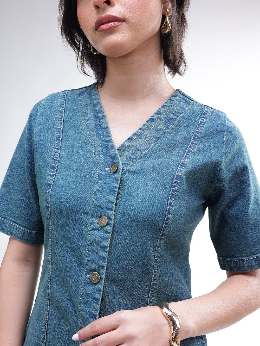 Blue Washed Denim Button Down Midi Dress-SASSAFRAS