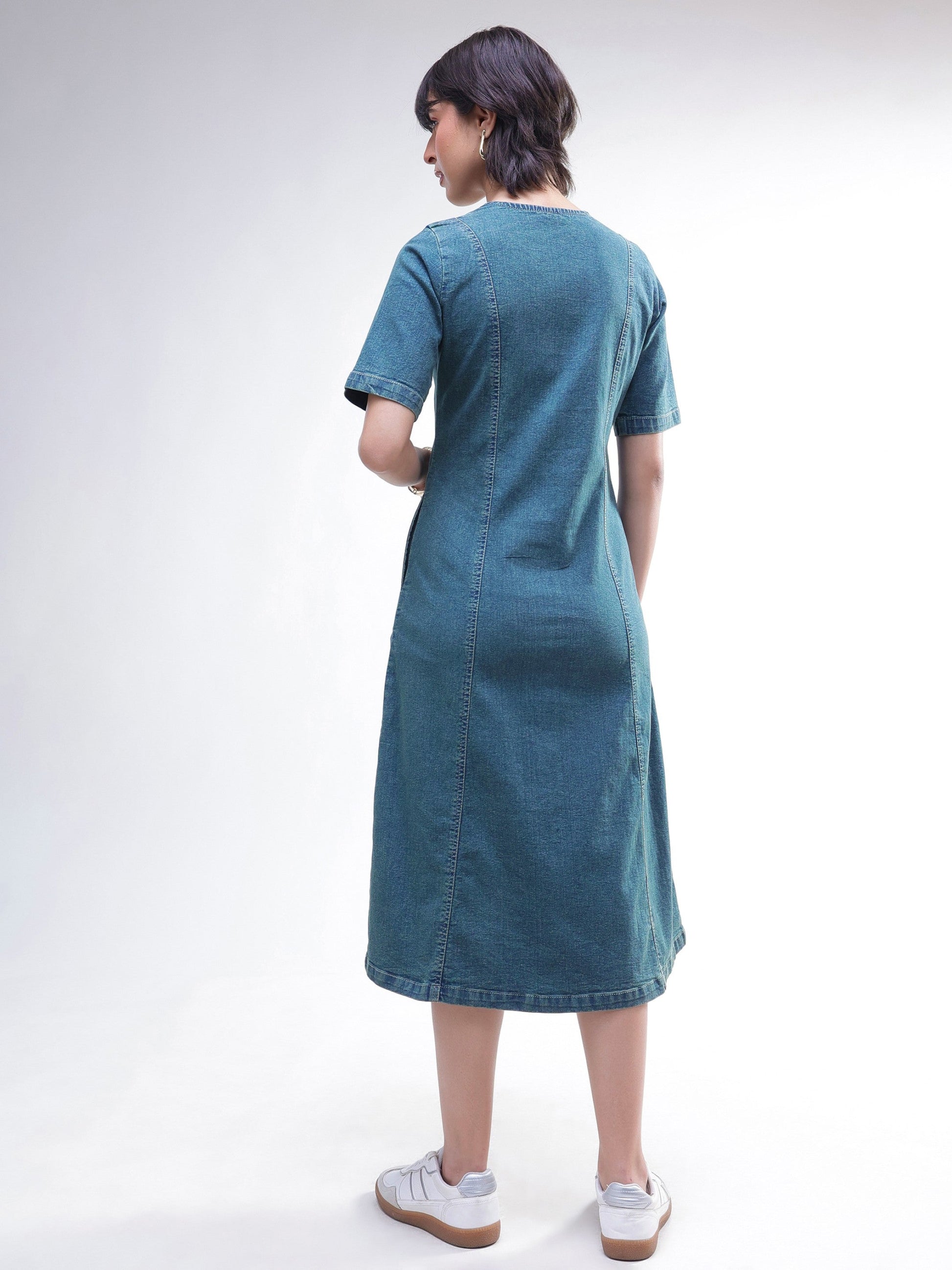 Blue Washed Denim Button Down Midi Dress-SASSAFRAS
