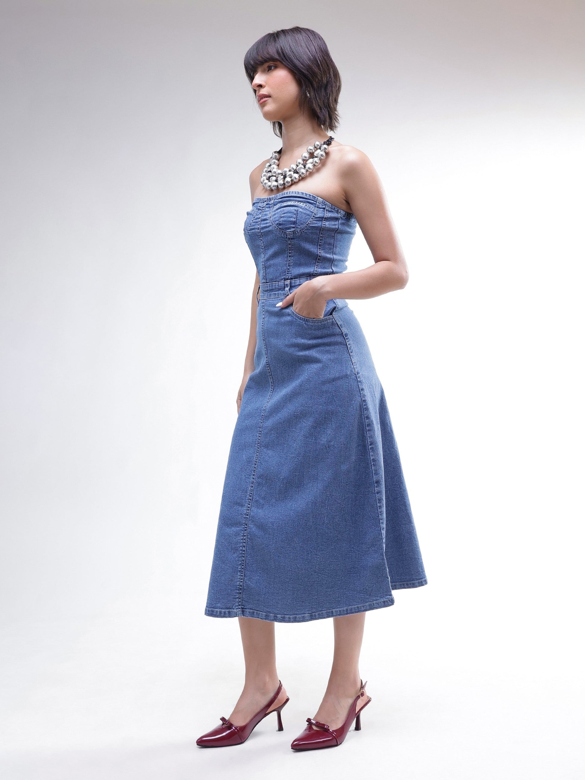 Blue Wash Denim Wash Tube Dress-SASSAFRAS