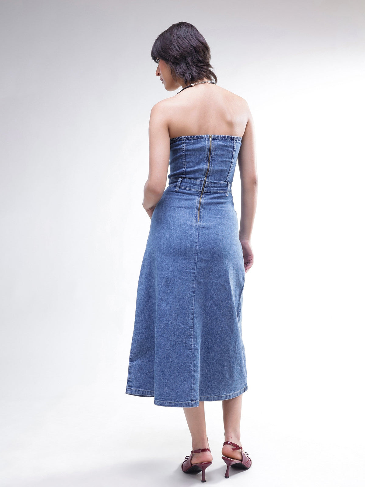Blue Wash Denim Wash Tube Dress-SASSAFRAS