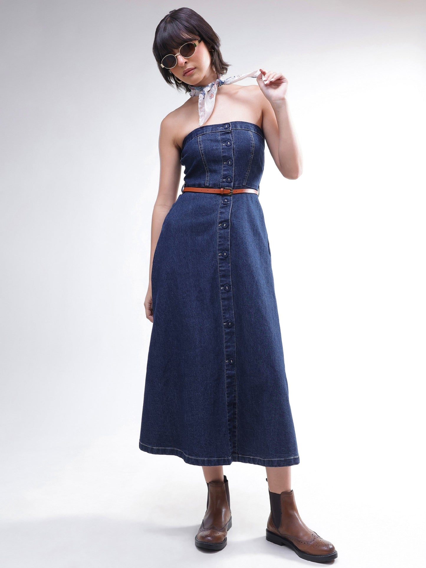 Navy Washed Denim Tube Dress-SASSAFRAS