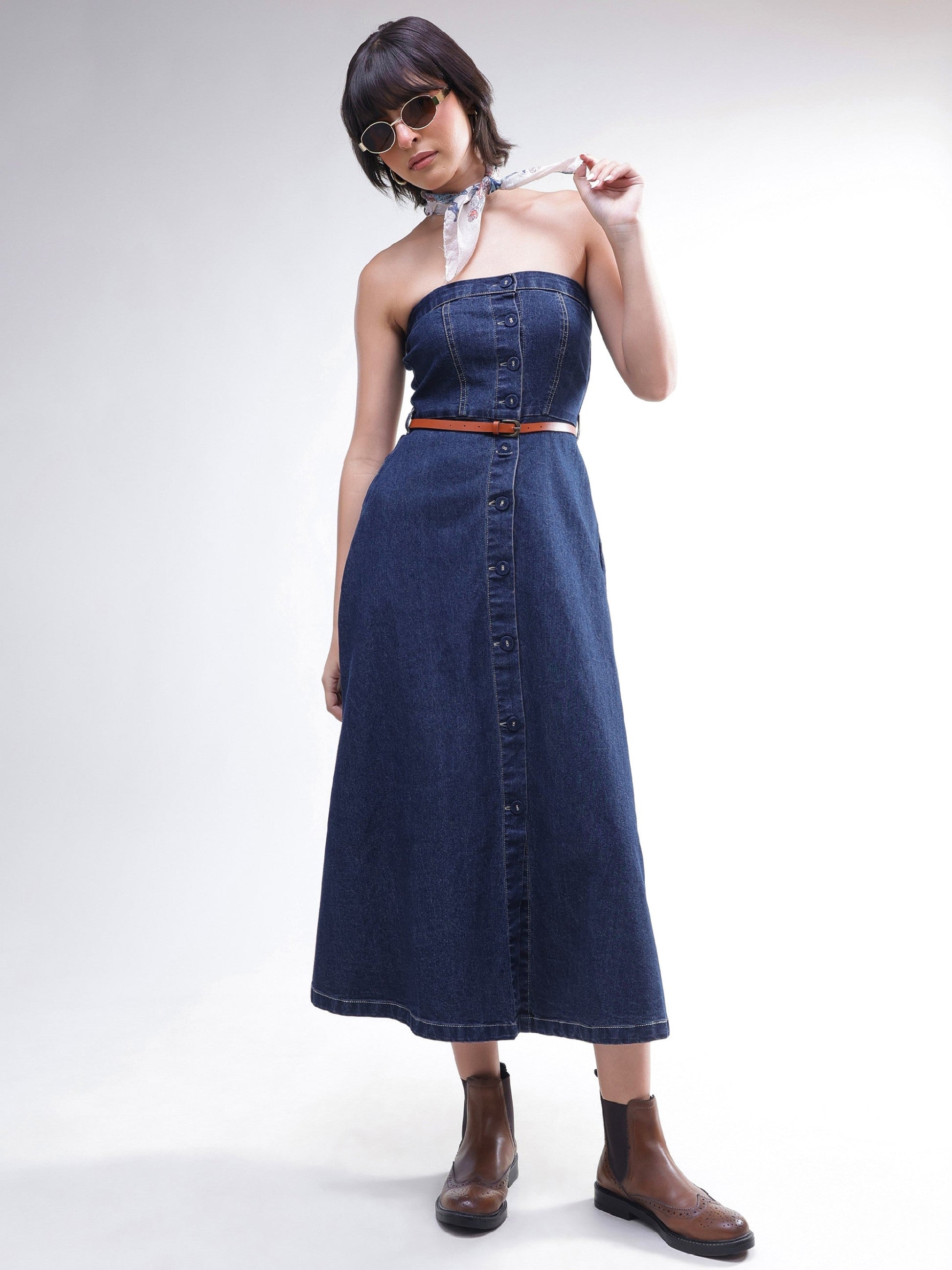 Navy Washed Denim Tube Dress-SASSAFRAS