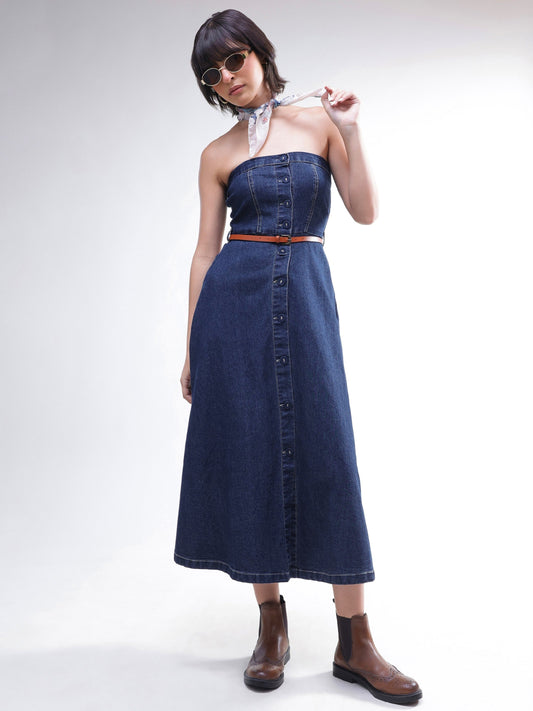 Navy Washed Denim Tube Dress-SASSAFRAS