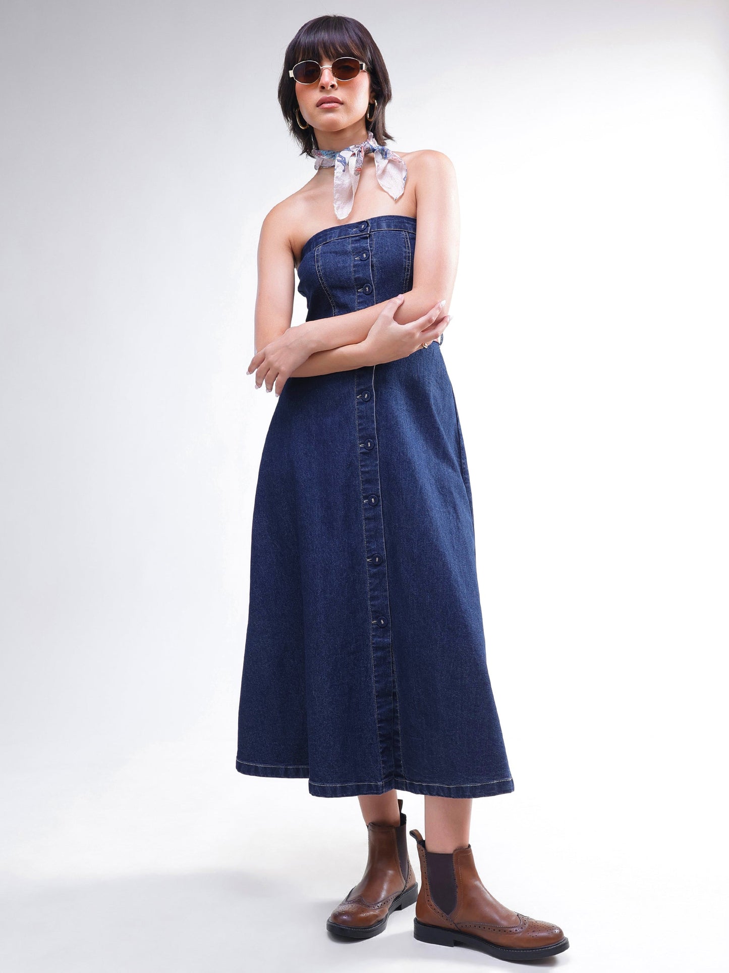 Navy Washed Denim Tube Dress-SASSAFRAS
