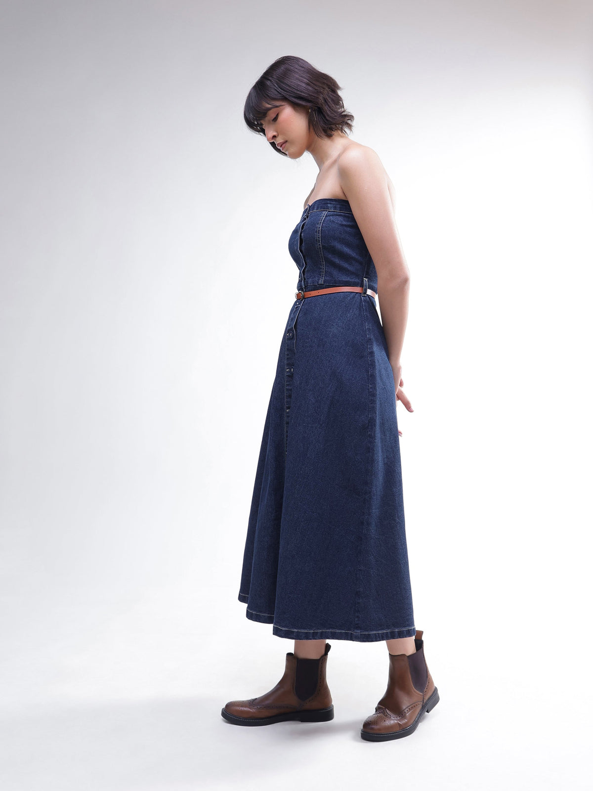 Navy Washed Denim Tube Dress-SASSAFRAS