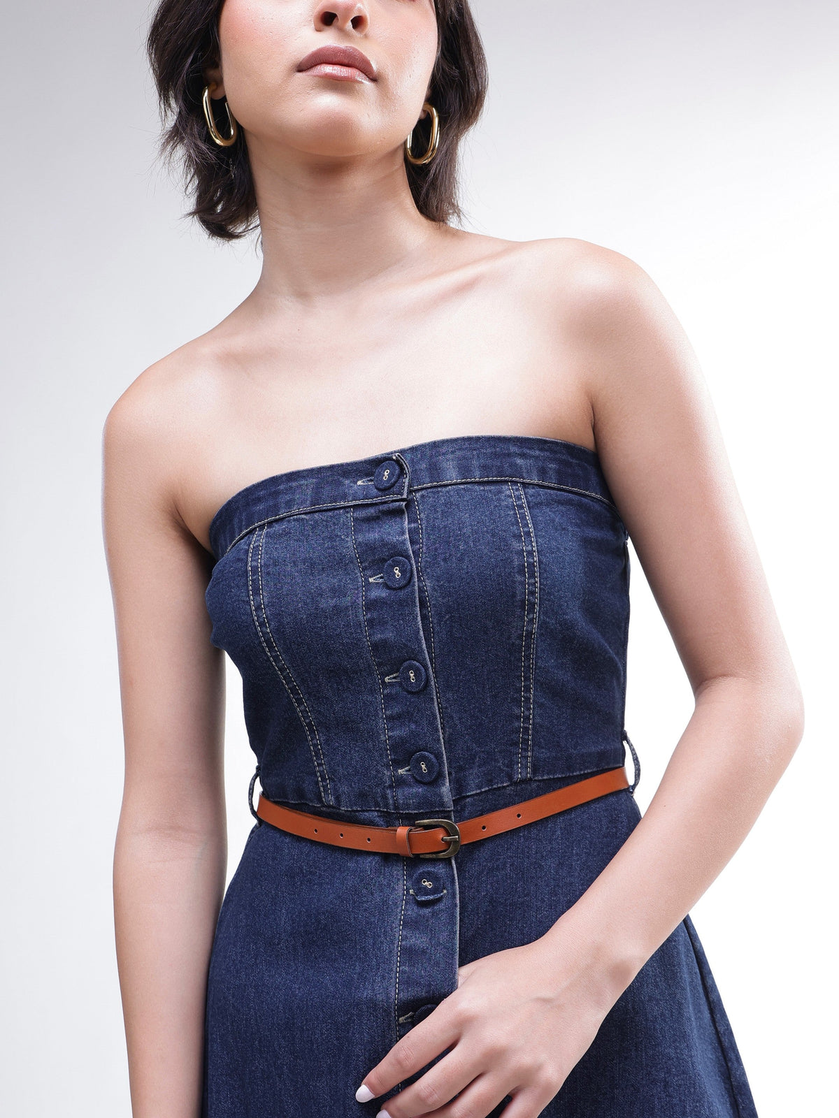 Navy Washed Denim Tube Dress-SASSAFRAS