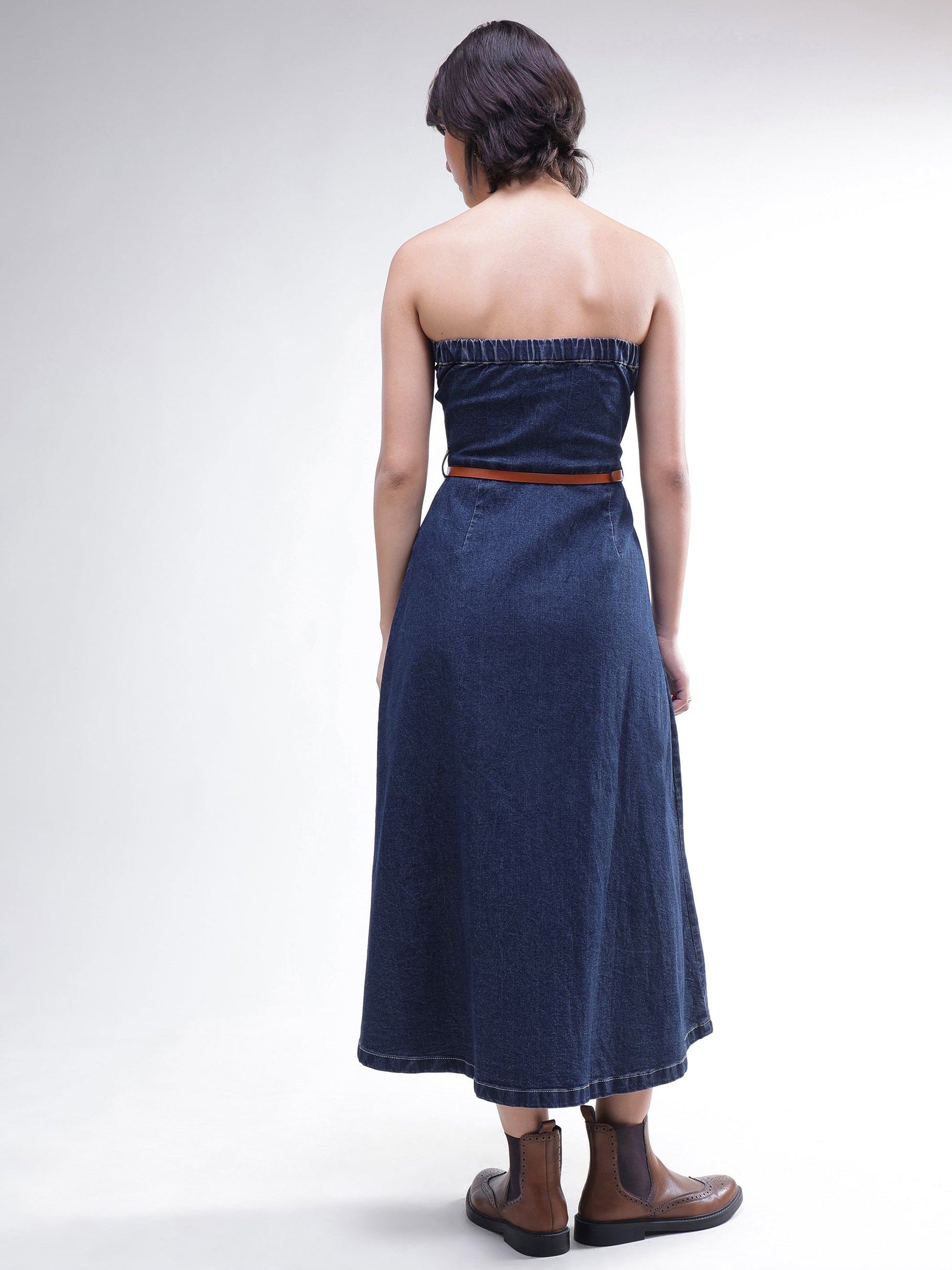 Navy Washed Denim Tube Dress-SASSAFRAS