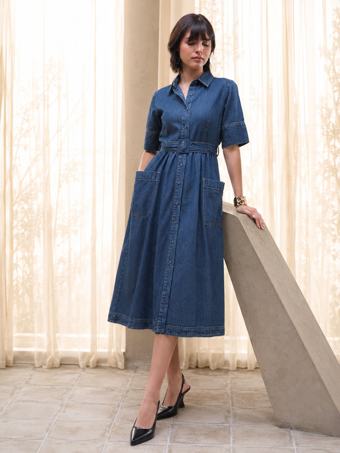 Blue Acid Washed Denim Belted Maxi Dress-SASSAFRAS