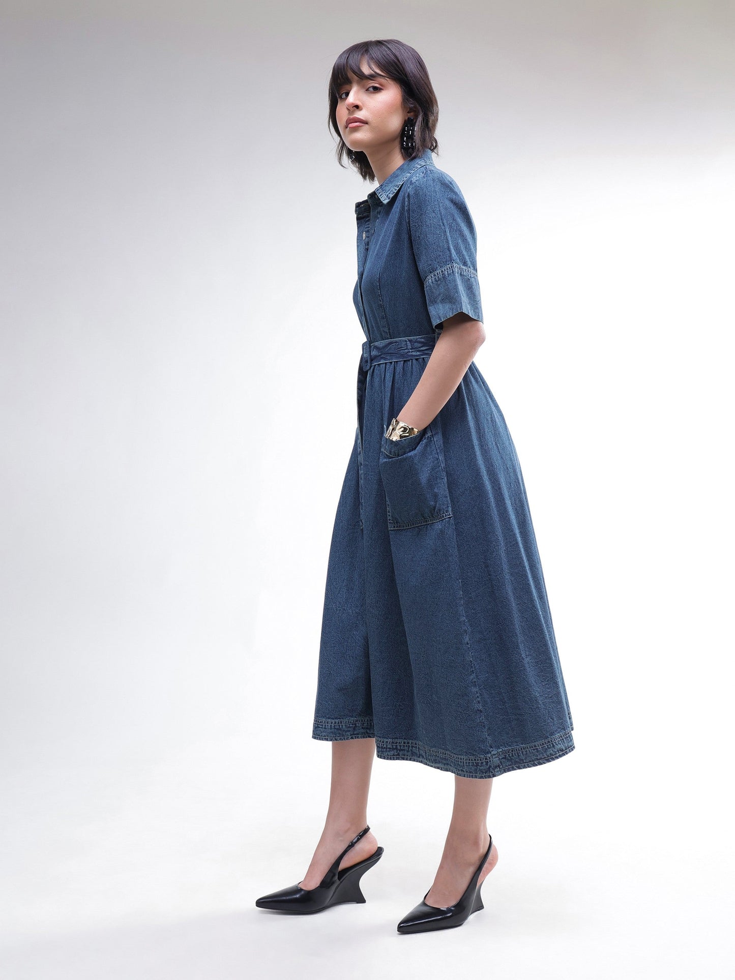 Blue Acid Washed Denim Belted Maxi Dress-SASSAFRAS