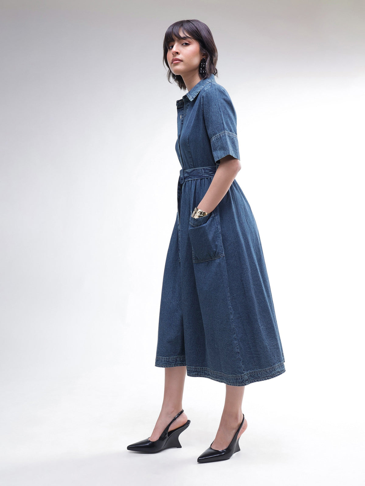 Blue Acid Washed Denim Belted Maxi Dress-SASSAFRAS