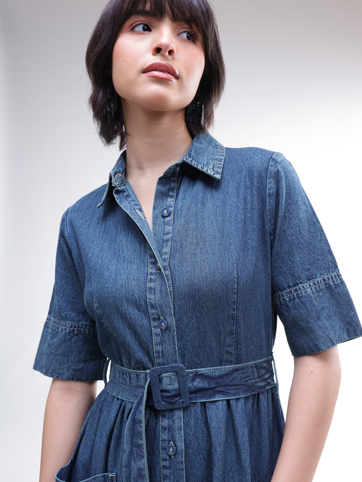 Blue Acid Washed Denim Belted Maxi Dress-SASSAFRAS